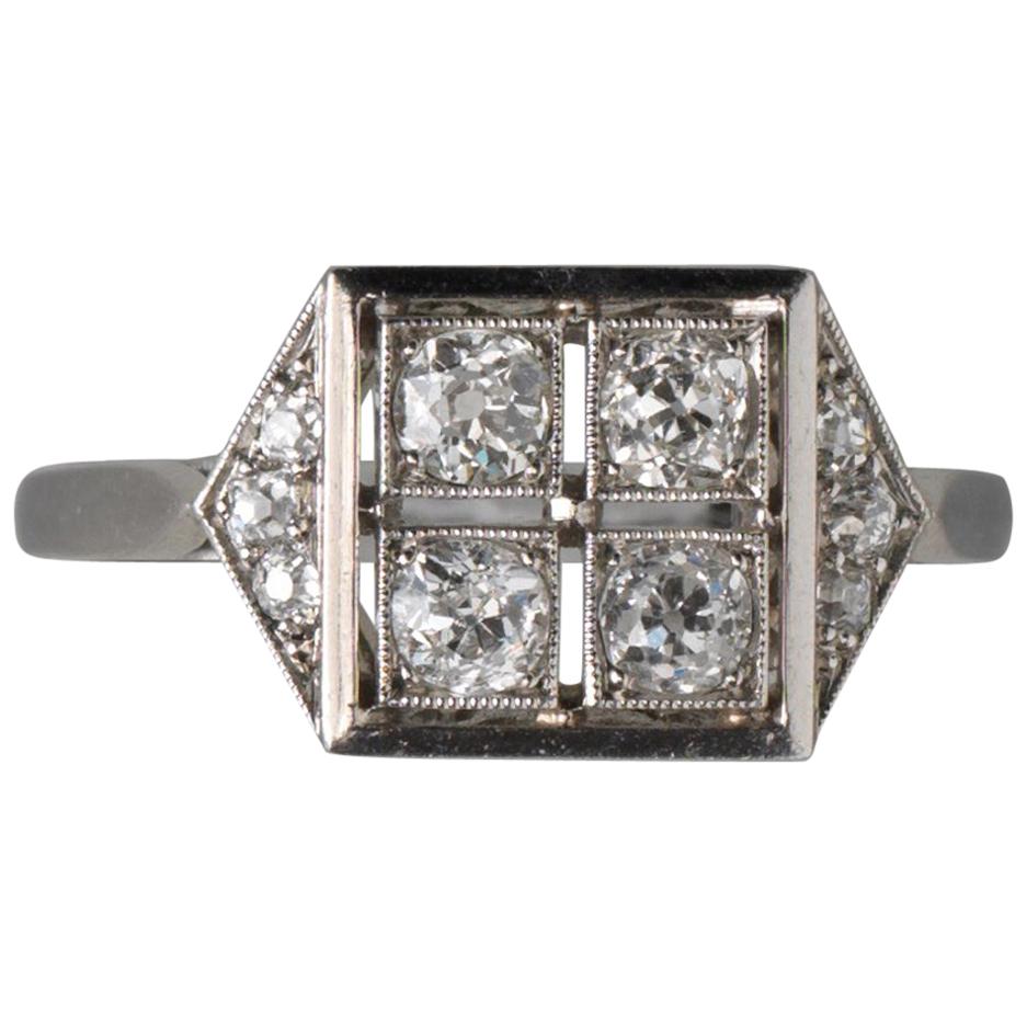 French Square Platinum Art Deco Ring with Diamonds