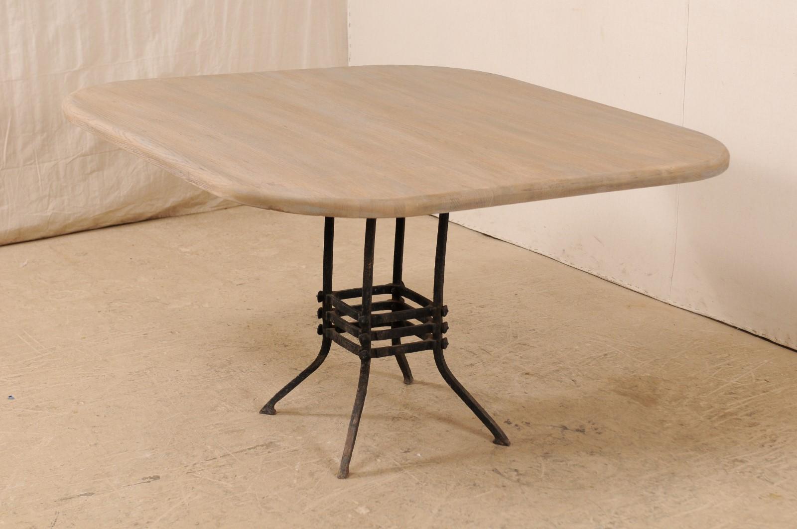French Square-Top Wood Table Top with 19th Century Iron Base 2