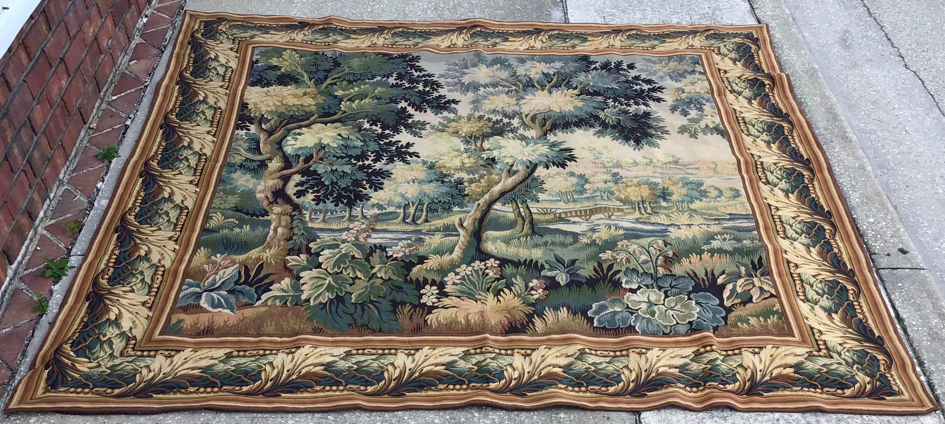 Fabulous Verdure style French wall tapestry. Beautiful detail work and gorgeous forest scene. Add some classic French style to your home. Very large size and rare.