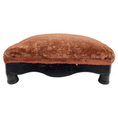 French Square Wooden Foot Stool, Rust Brown Velvet Top, Black Frame/Feet, 1900s