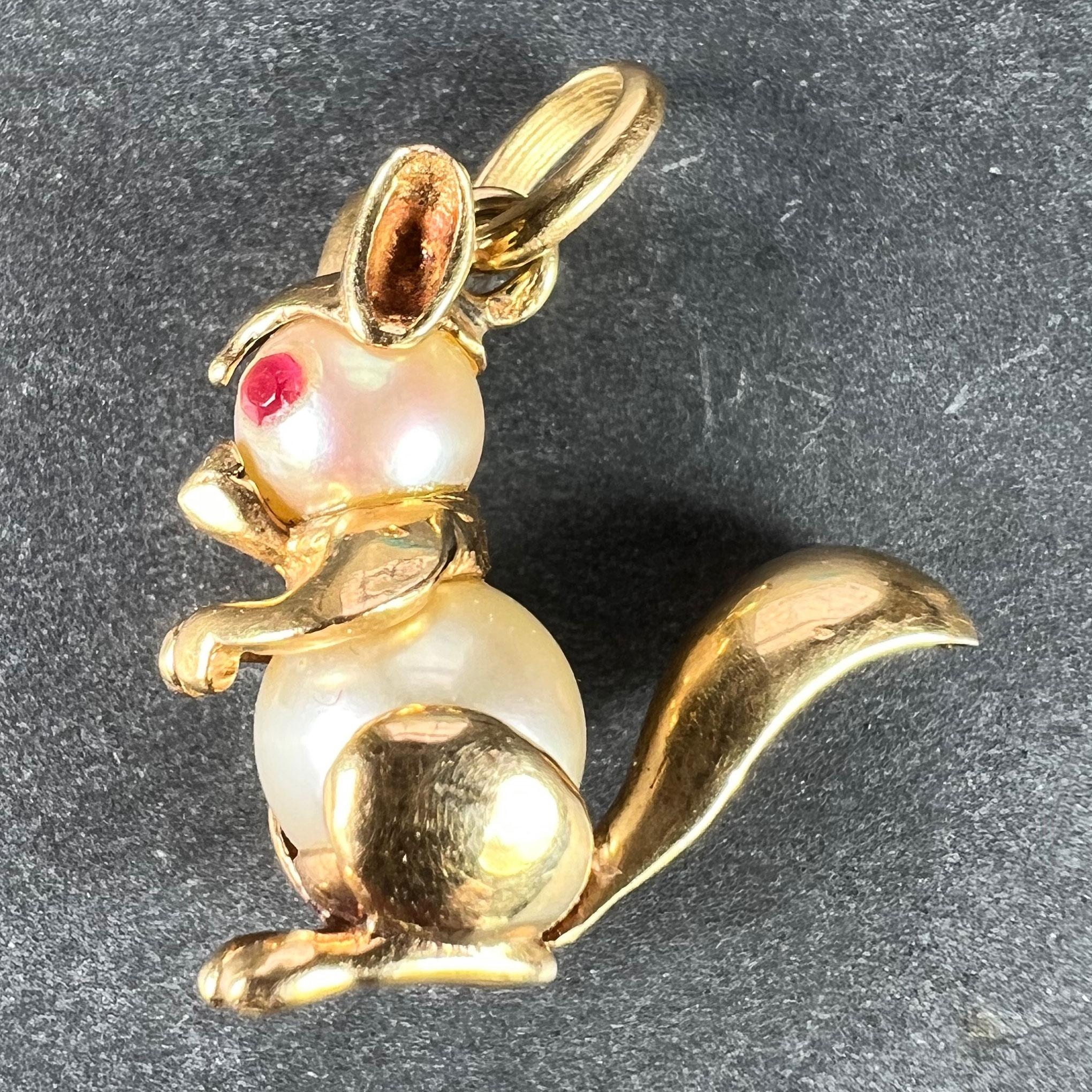 Uncut French Squirrel 18K Yellow Gold Cultured Pearl Charm Pendant