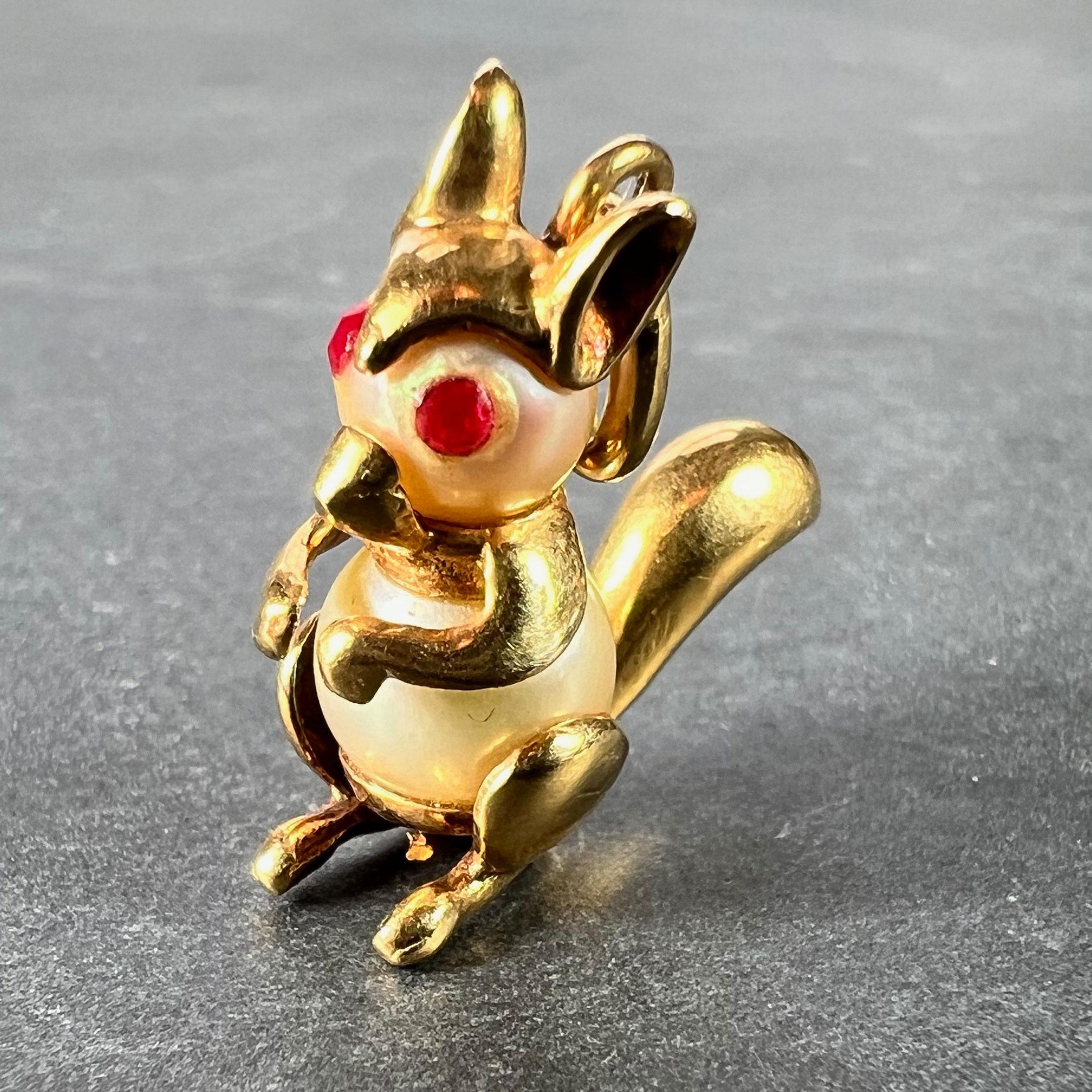 Women's or Men's French Squirrel 18K Yellow Gold Cultured Pearl Charm Pendant