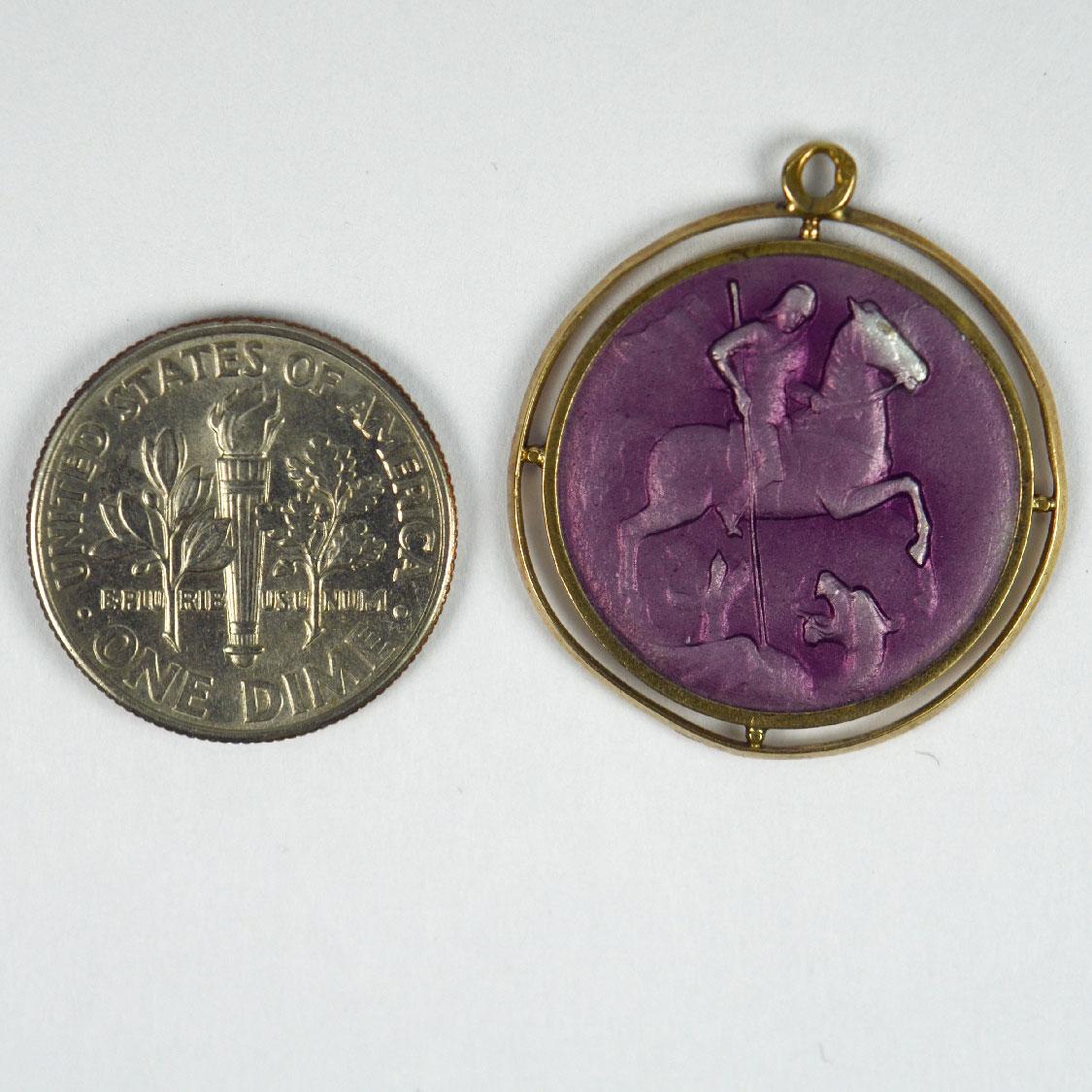French St George Purple Enamel 18k Yellow Gold Medal Pendant 2