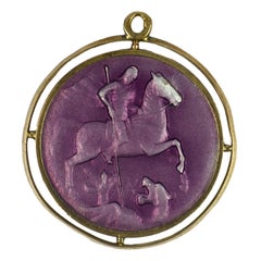 French St George Purple Enamel 18k Yellow Gold Medal Pendant