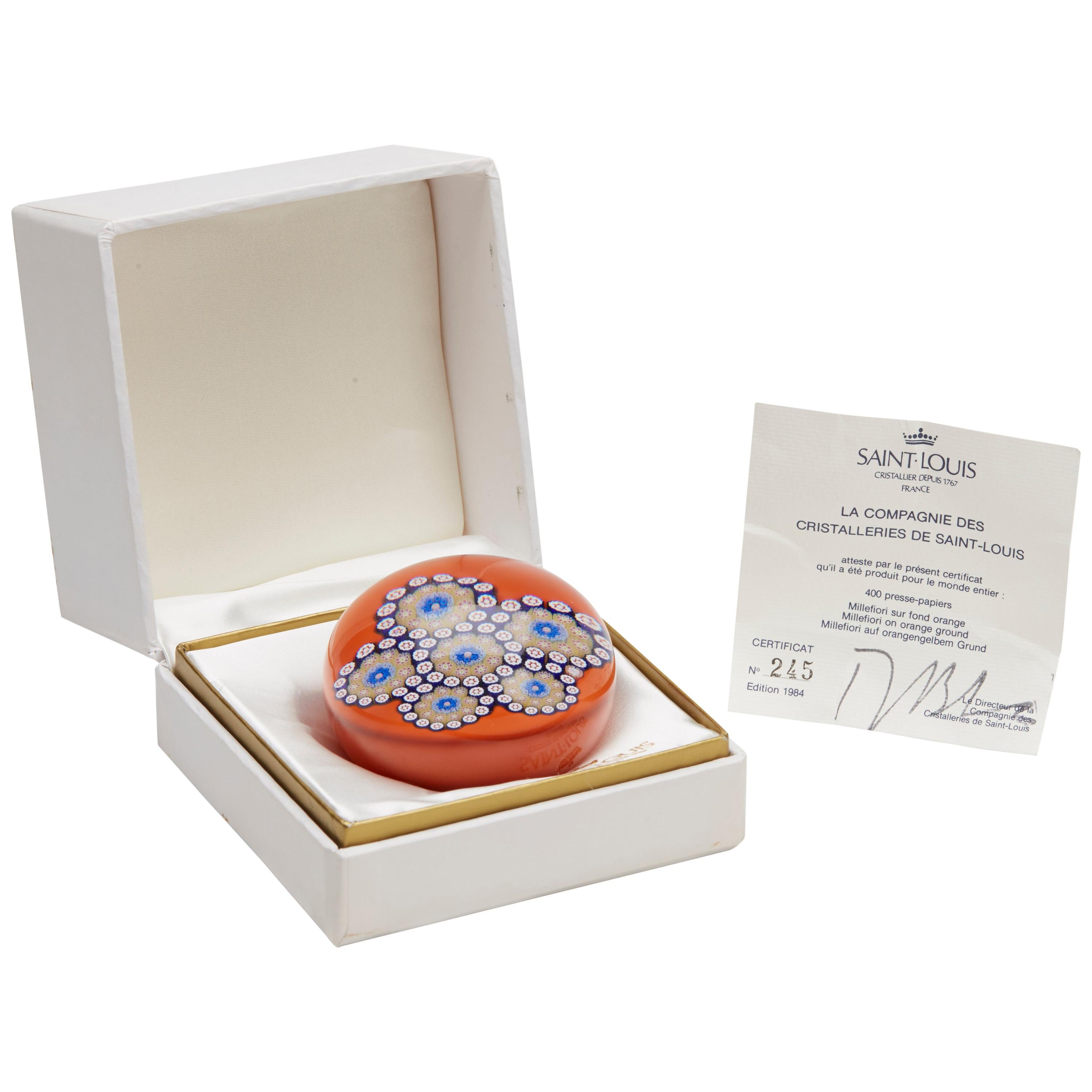 French St Louis Limited Edition Millefiori Orange Glass Paperweight, 1984