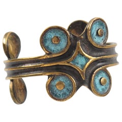 French St Luc Modernist Bronze Cuff Bracelet Blue Enamel