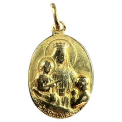 Französisch St Scapulaire Madonna Jesus Heiliges Herz 18K Gelb Gold Medal Anhänger