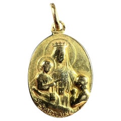 French St Scapulaire Madonna Jesus Sacred Heart 18K Yellow Gold Medal Pendant