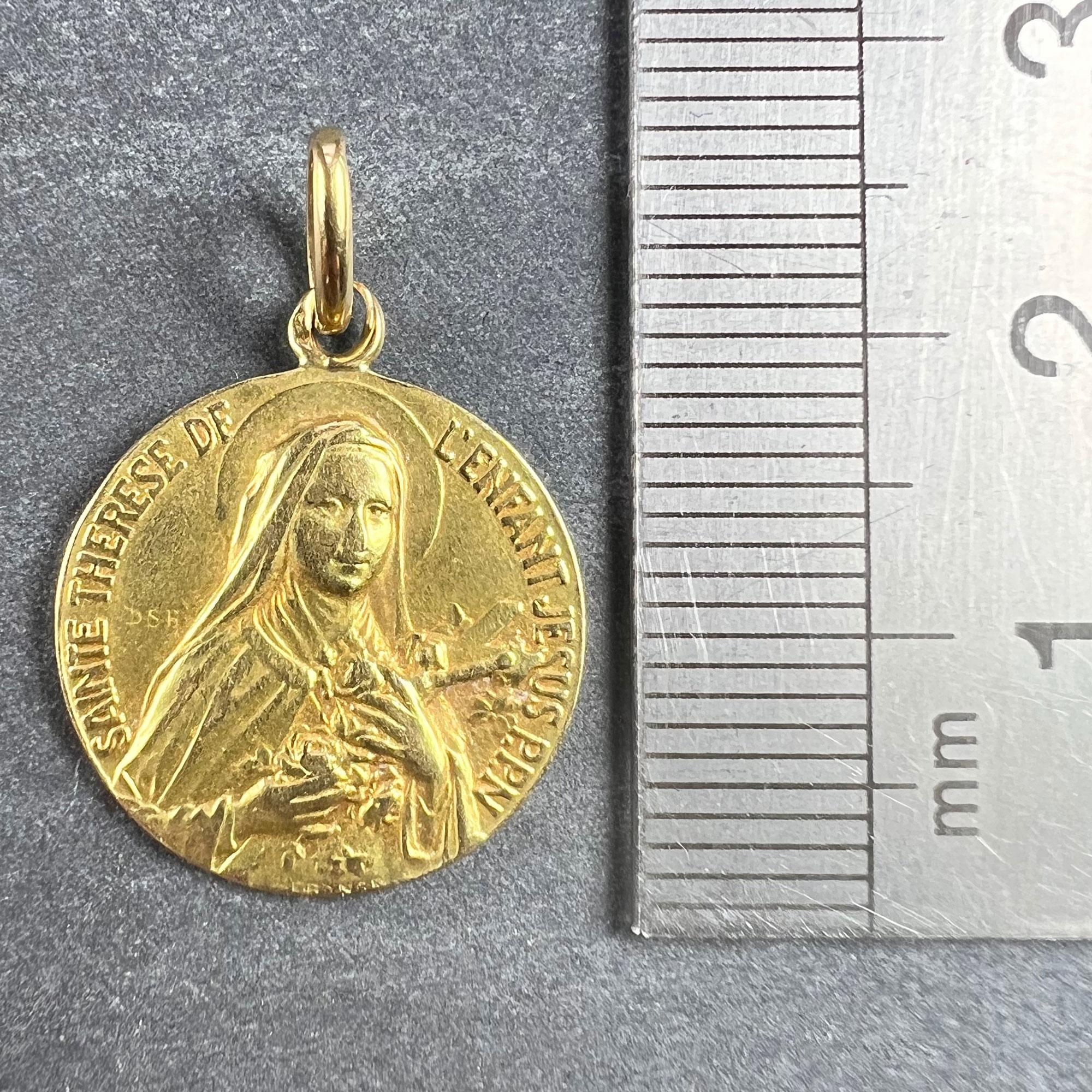 French St Therese 18K Yellow Gold Religious Medal Pendant For Sale 3