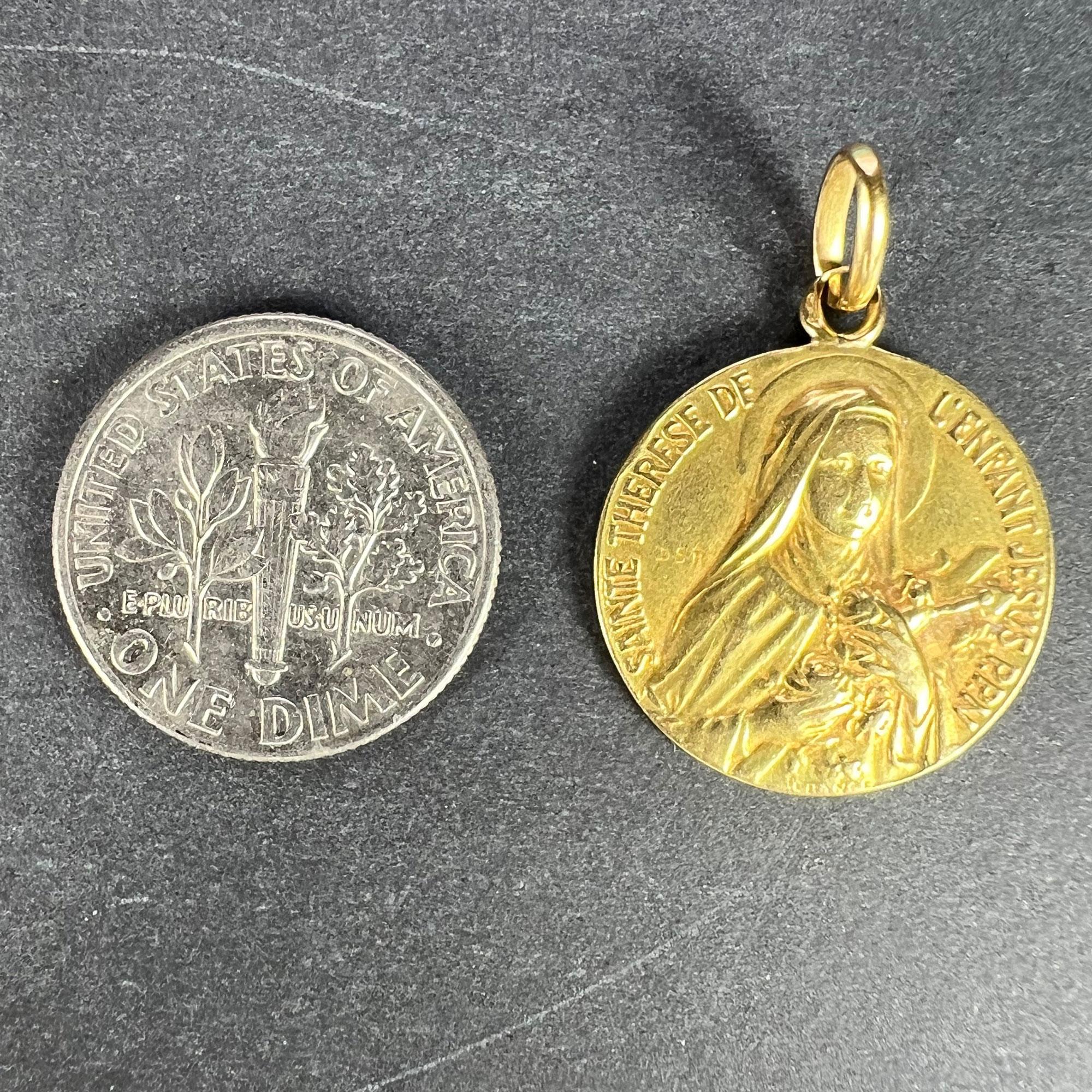 French St Therese 18K Yellow Gold Religious Medal Pendant For Sale 6