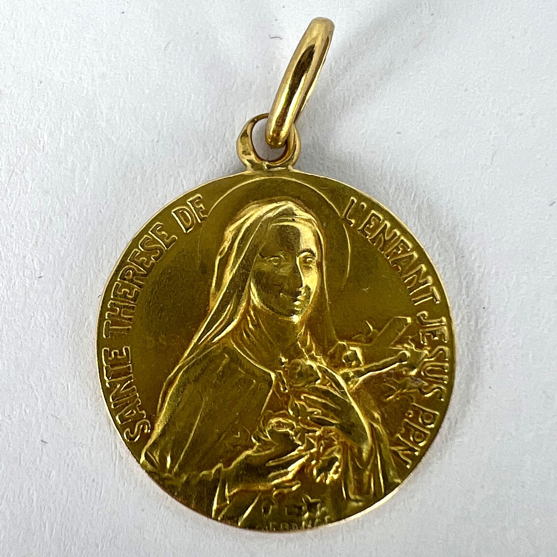French St Therese 18K Yellow Gold Religious Medal Pendant For Sale 7