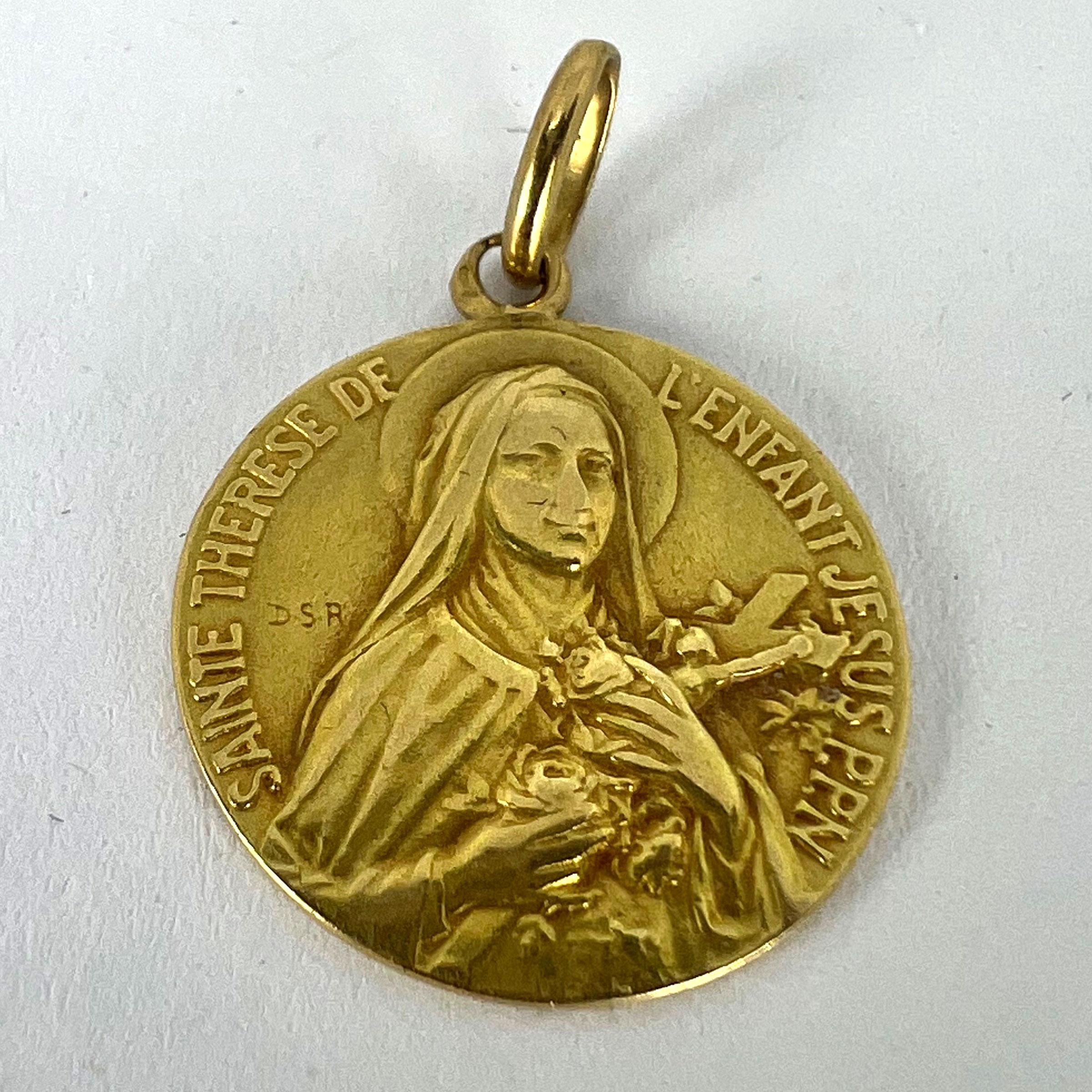 French St Therese 18K Yellow Gold Religious Medal Pendant For Sale 8