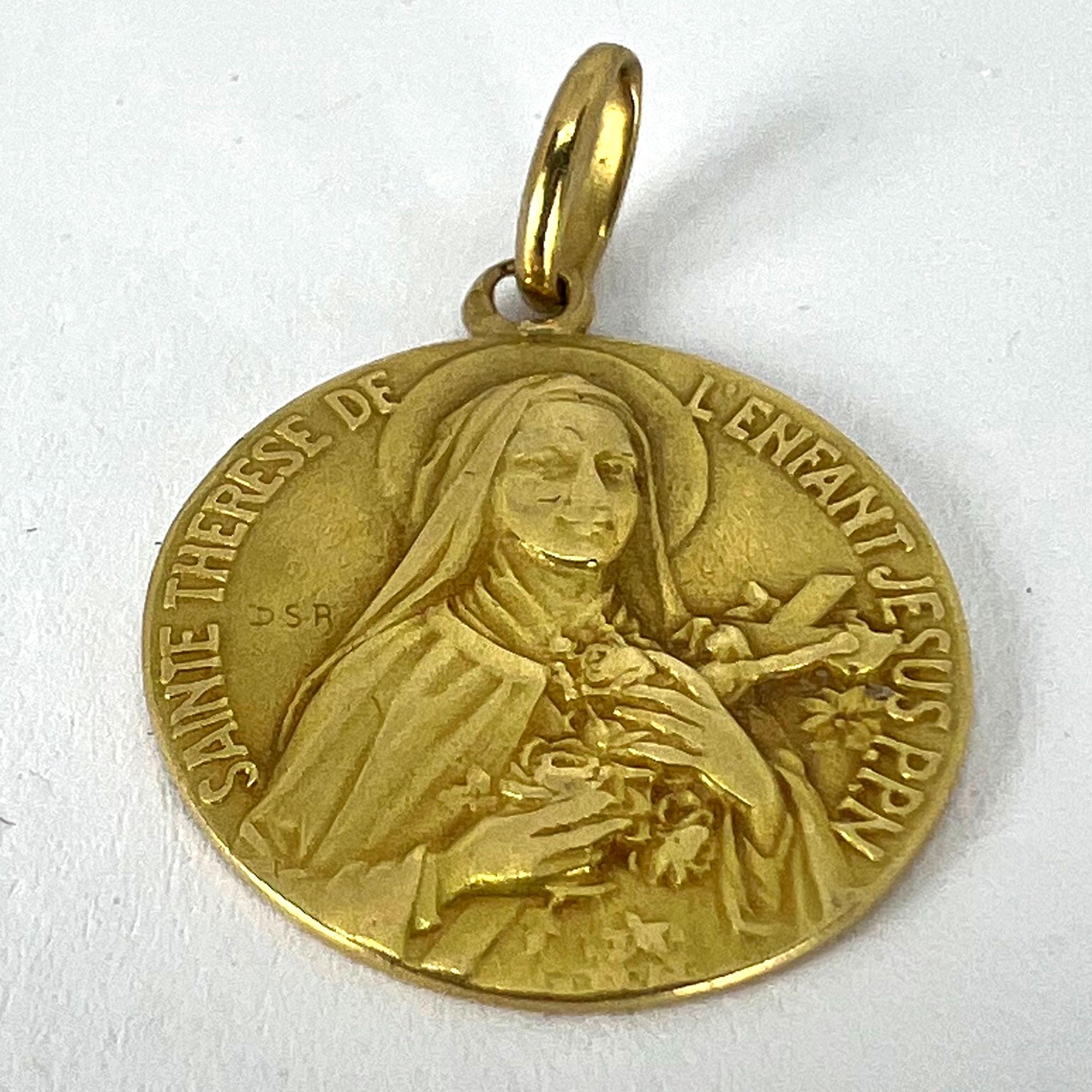 French St Therese 18K Yellow Gold Religious Medal Pendant For Sale 9