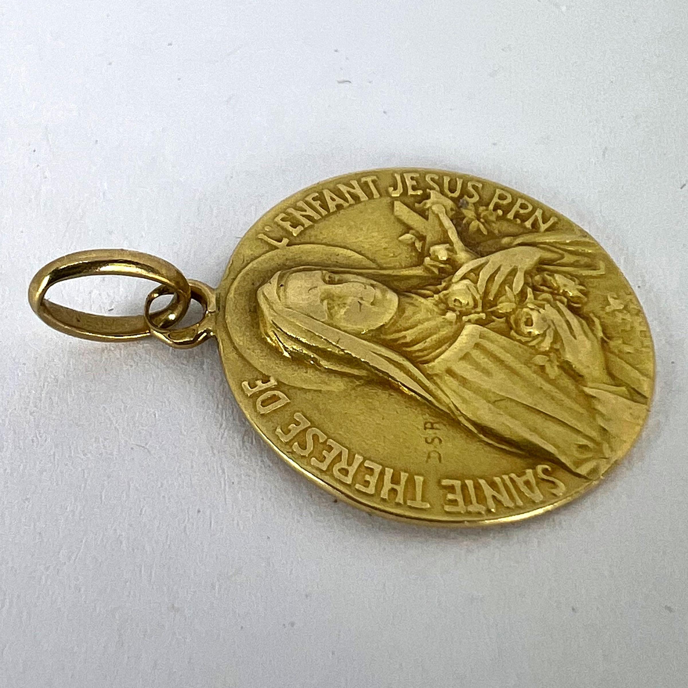 French St Therese 18K Yellow Gold Religious Medal Pendant For Sale 10
