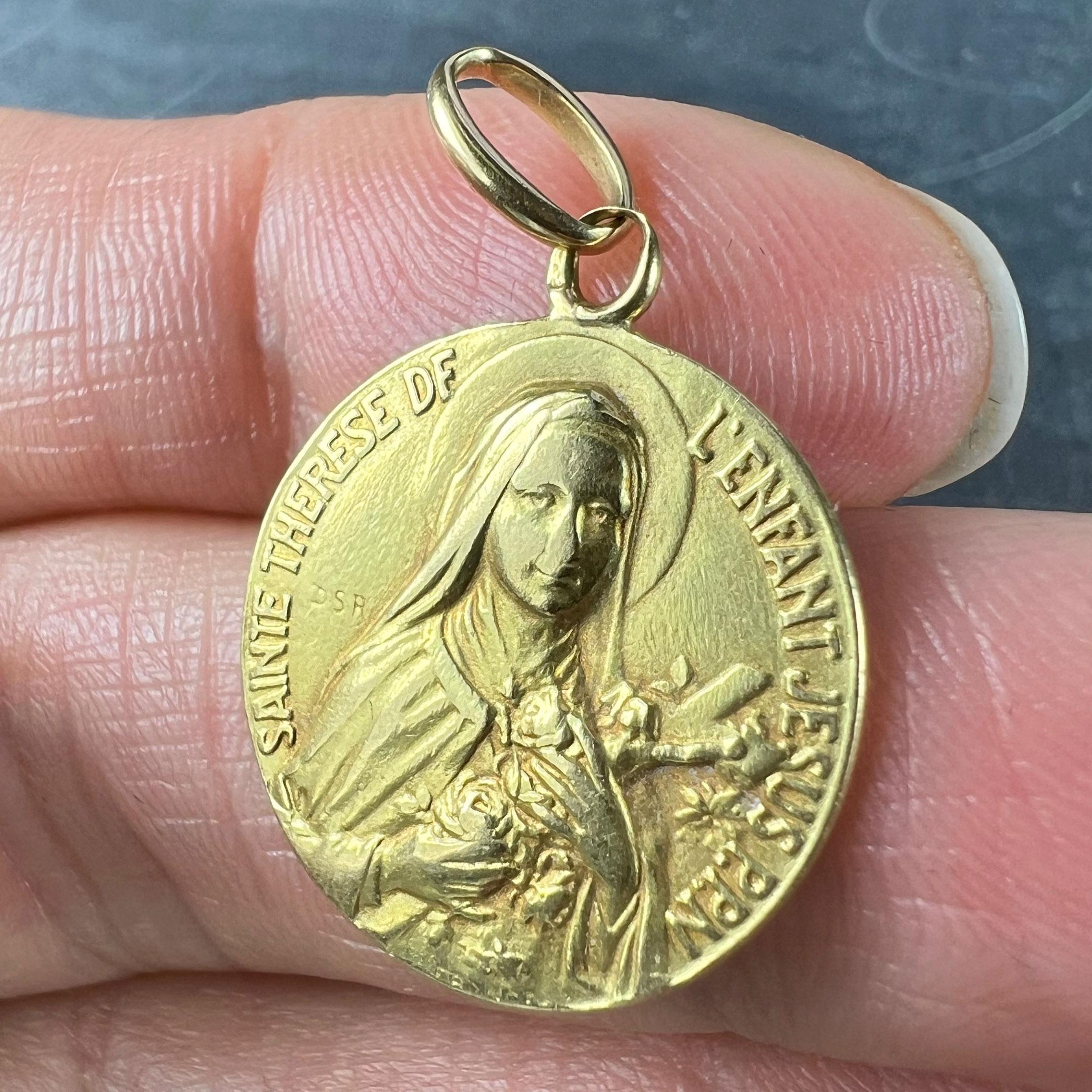 French St Therese 18K Yellow Gold Religious Medal Pendant For Sale 1