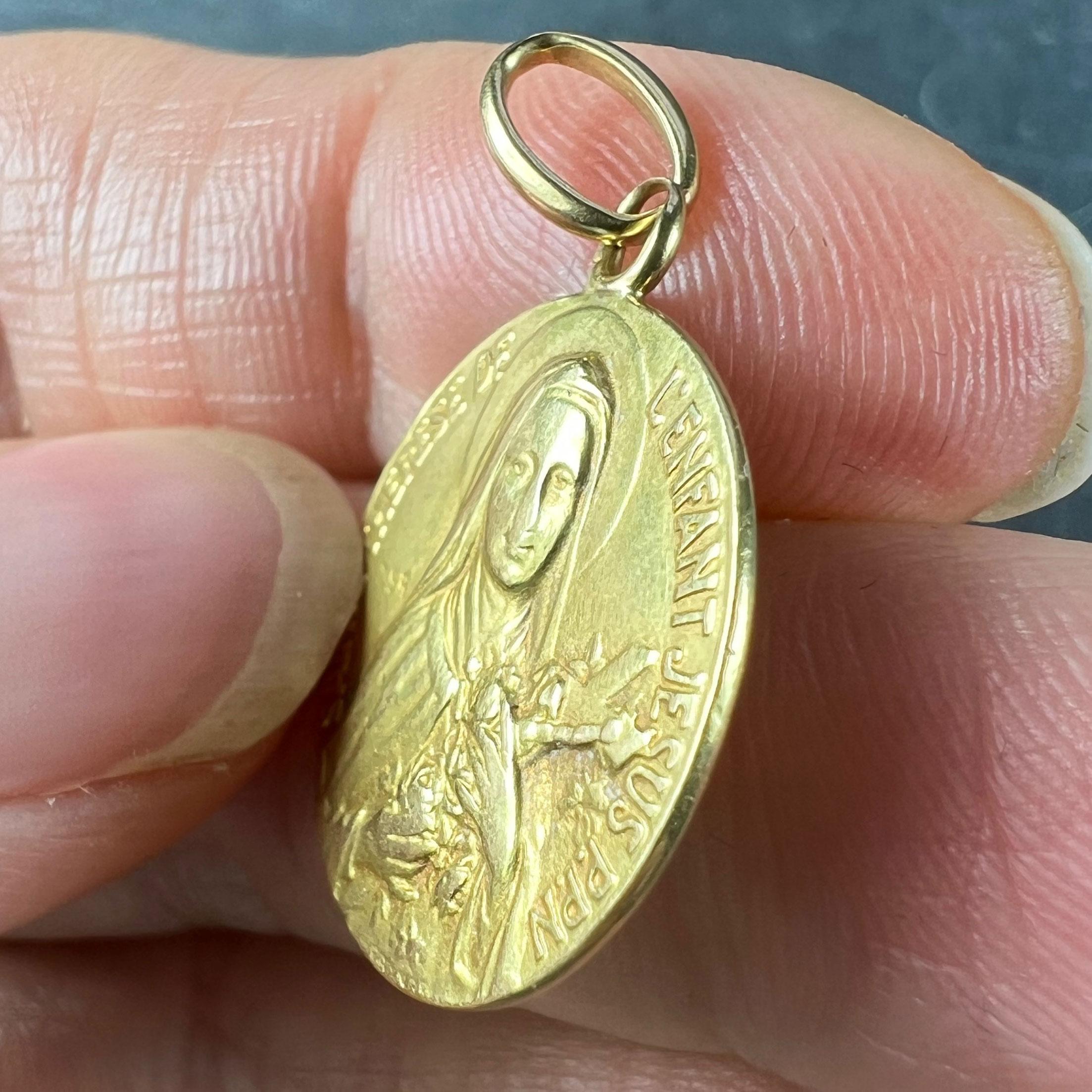 French St Therese 18K Yellow Gold Religious Medal Pendant For Sale 2