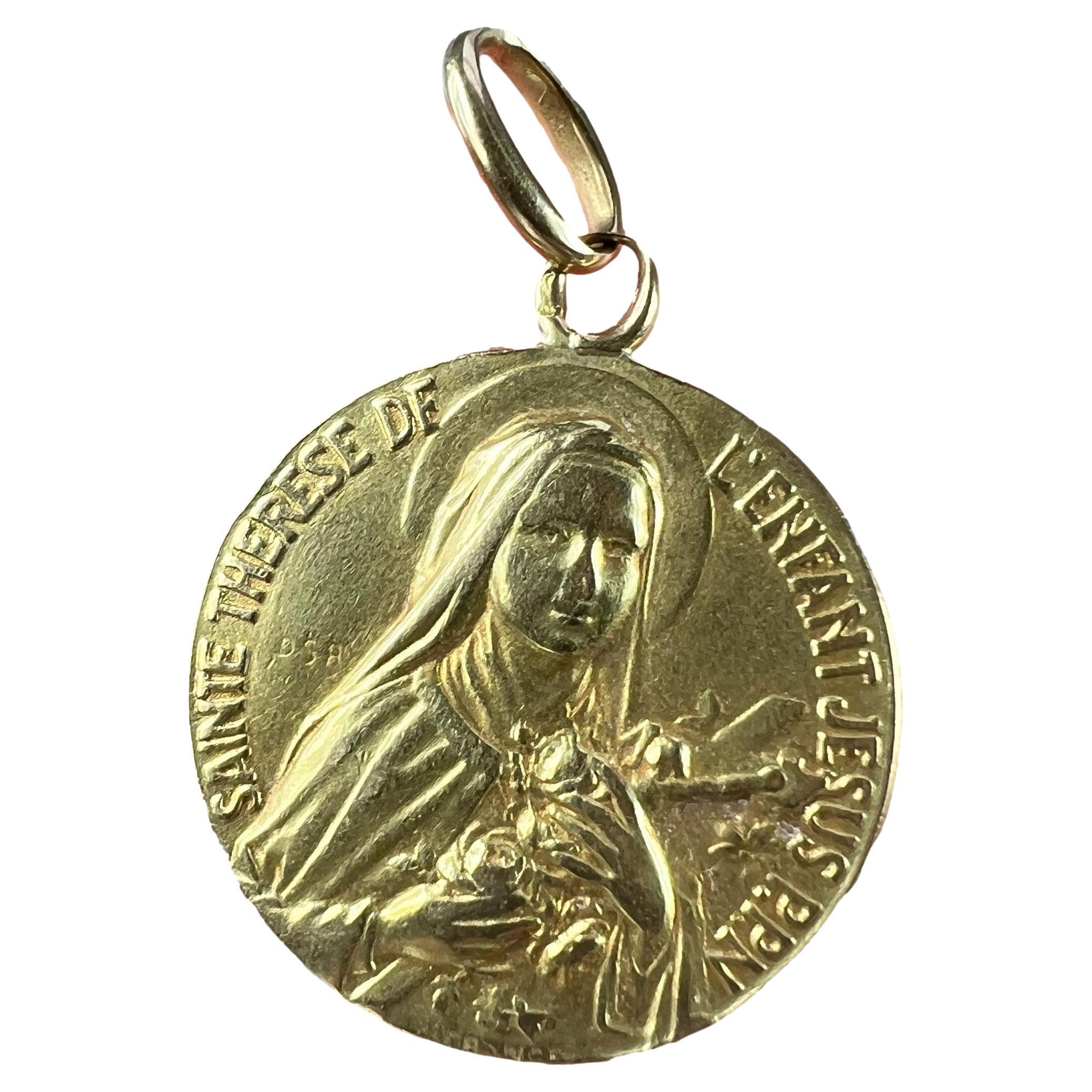 French St Therese 18K Yellow Gold Religious Medal Pendant For Sale