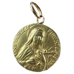 Vintage French St Therese 18K Yellow Gold Religious Medal Pendant