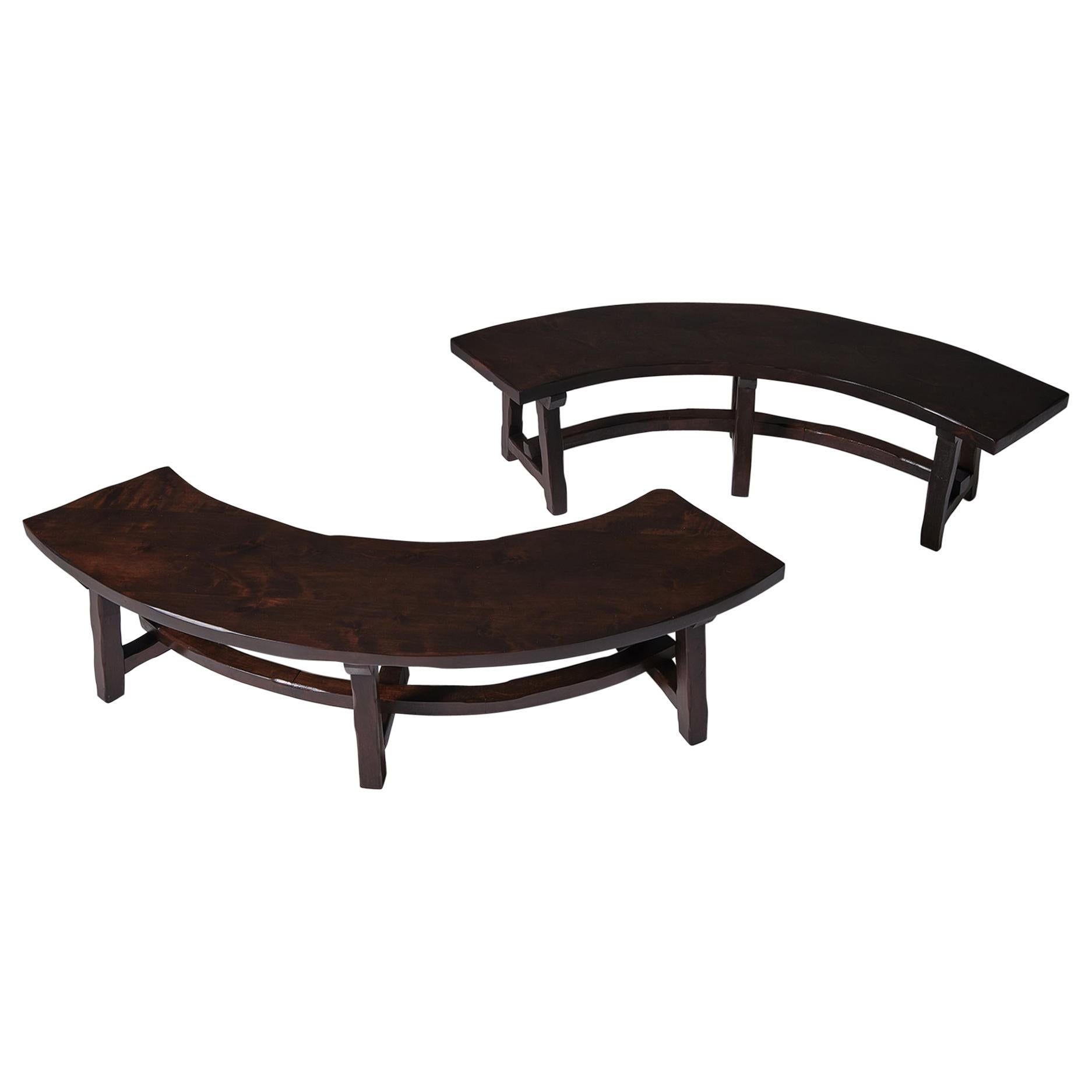 French Stained Ash Curved Wooden Benches, Set of Two For Sale