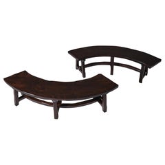 French Stained Ash Curved Wooden Benches, Set of Two