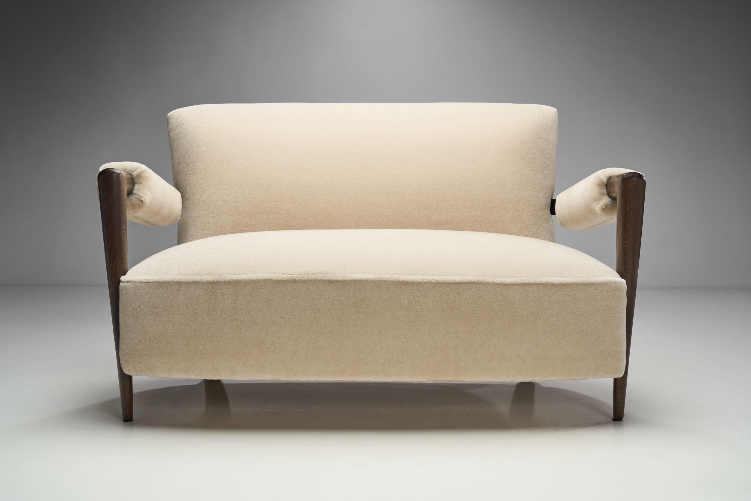 French Stained Wood Sofa with Cuffed Armrests, France, ca 1940s 5