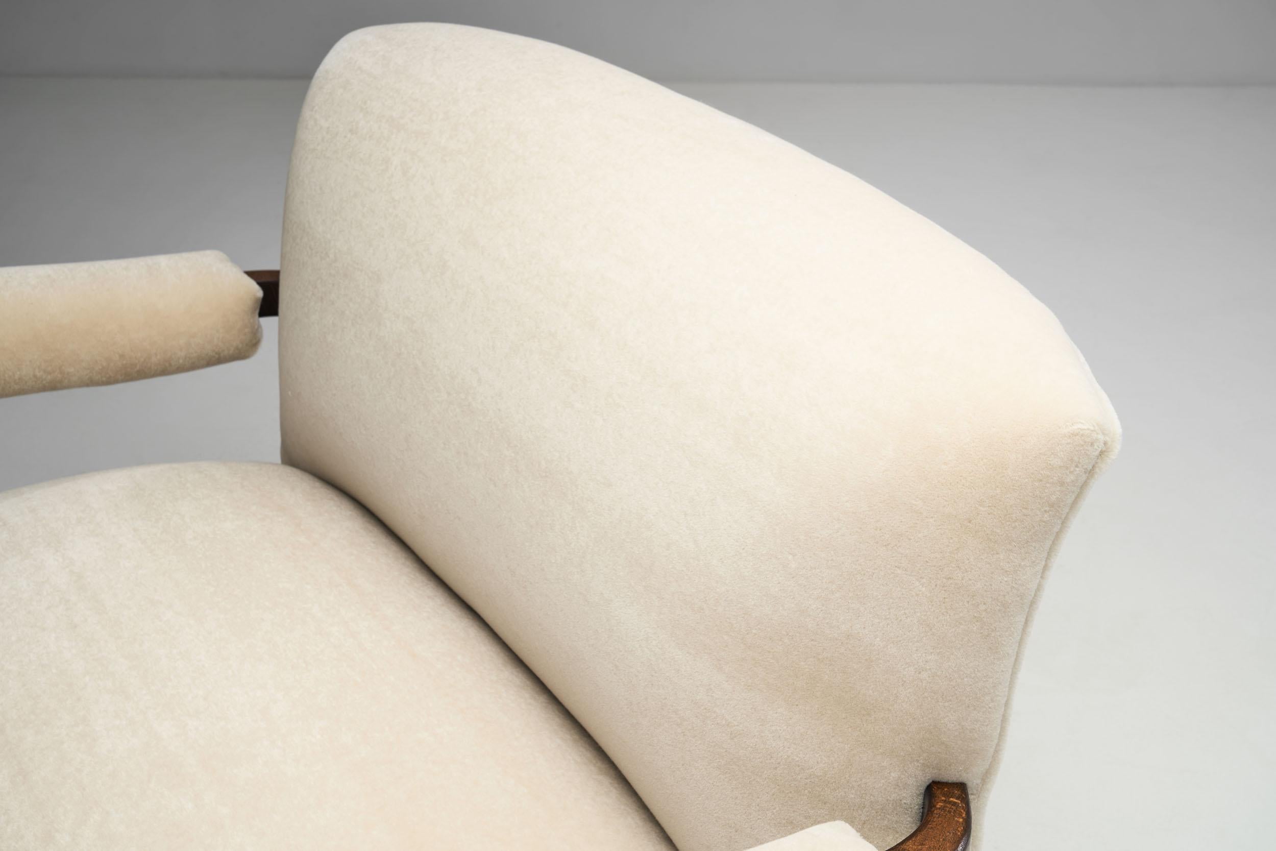French Stained Wood Sofa with Cuffed Armrests, France, ca 1940s 1