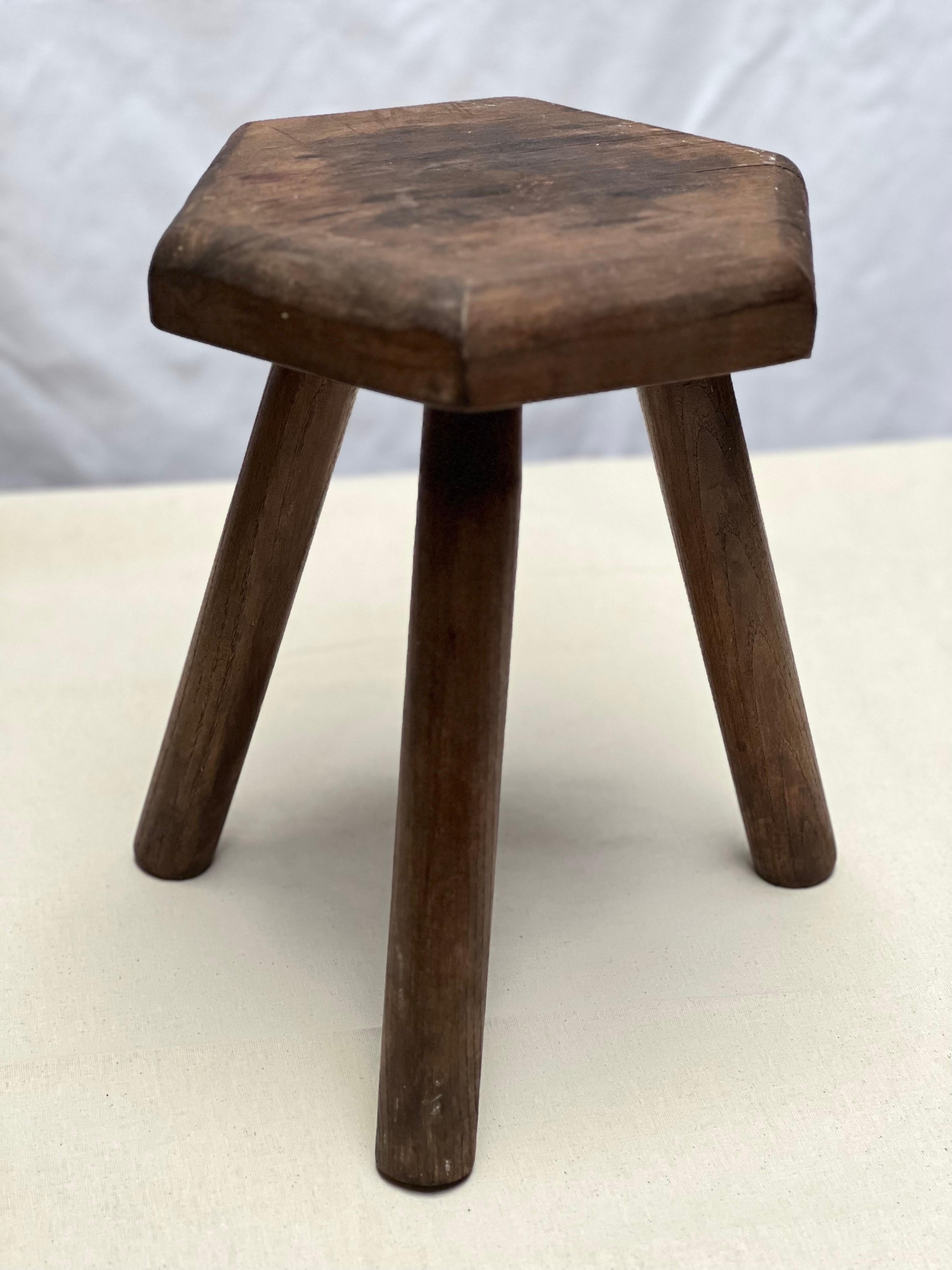 Hand-Crafted French Stained Wooden Stool circa 1940 Brutalist Decorative elements
