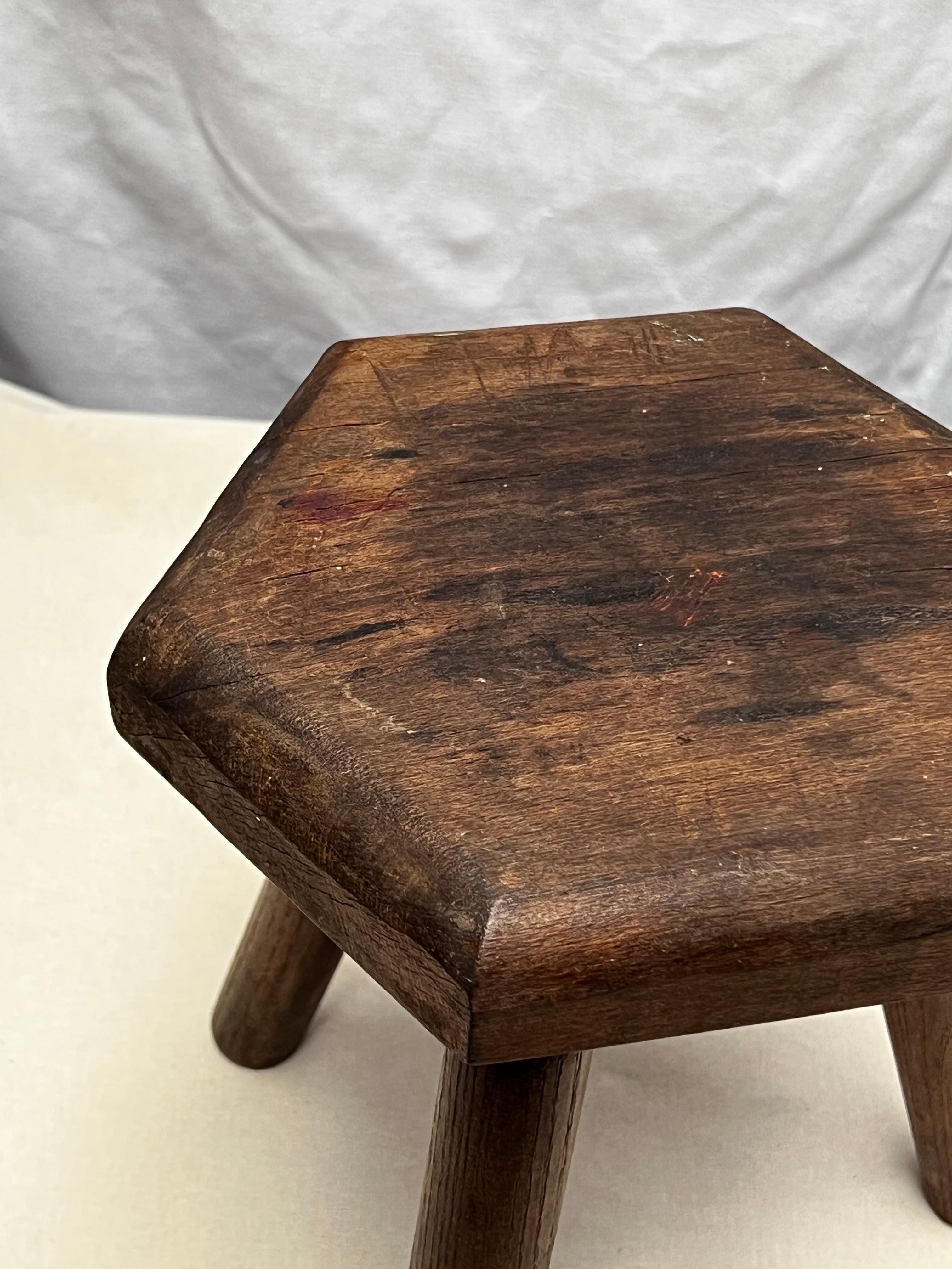 Pine French Stained Wooden Stool circa 1940 Brutalist Decorative elements