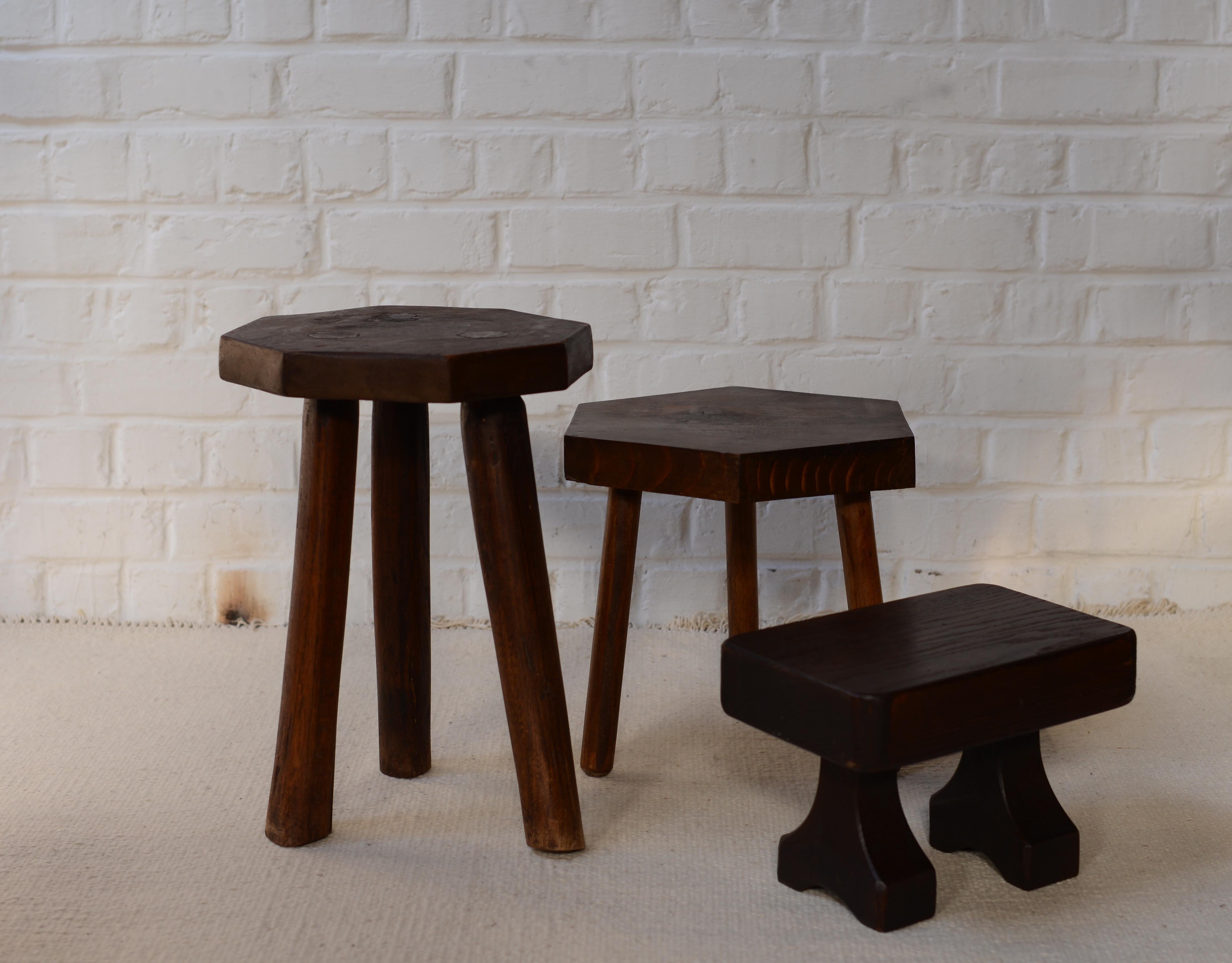 20th Century French Stained Wooden Stool circa 1950 Brutalist