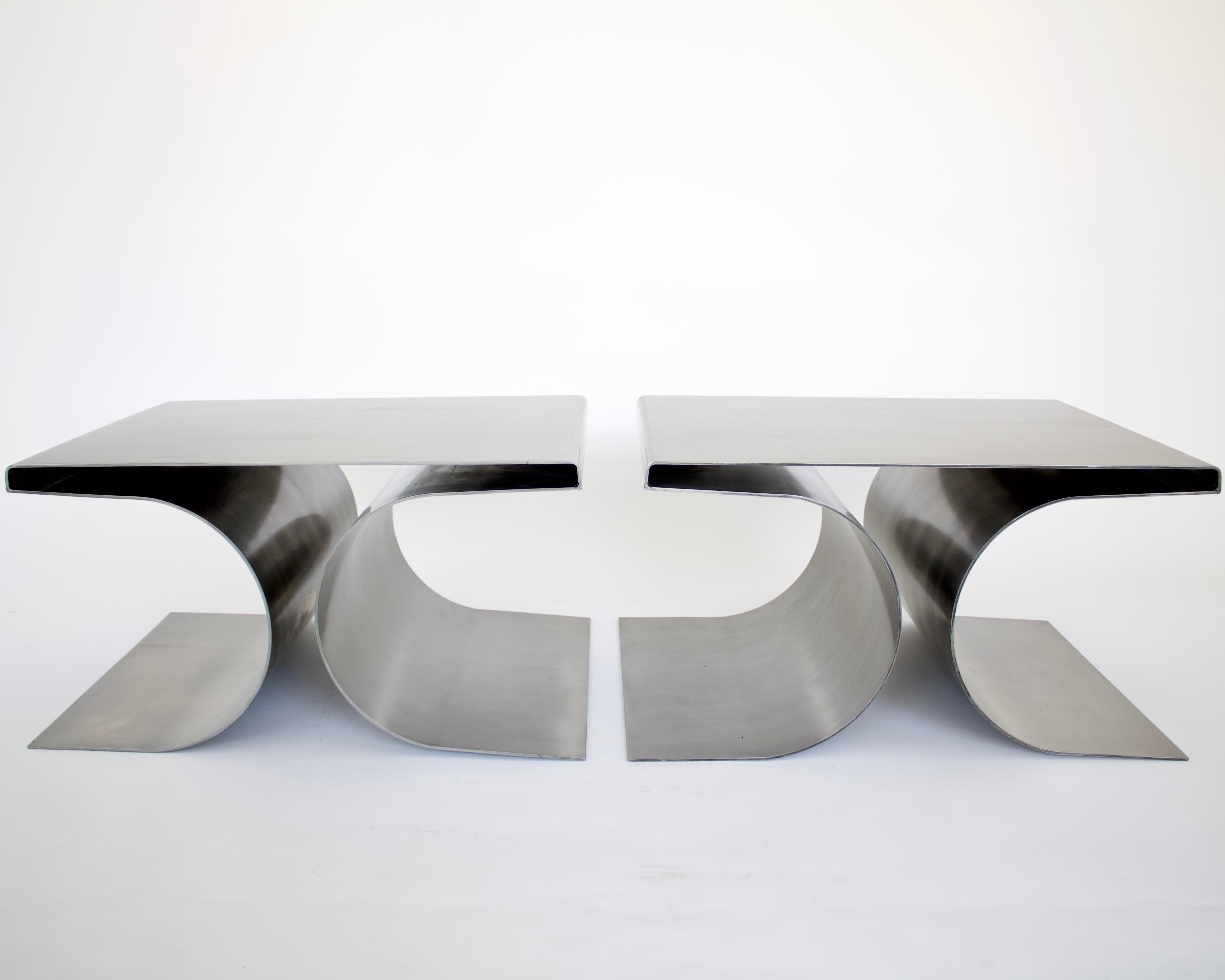 French Stainless Steel Pair Side or Coffee Tables in the Style of Michel Boyer 8
