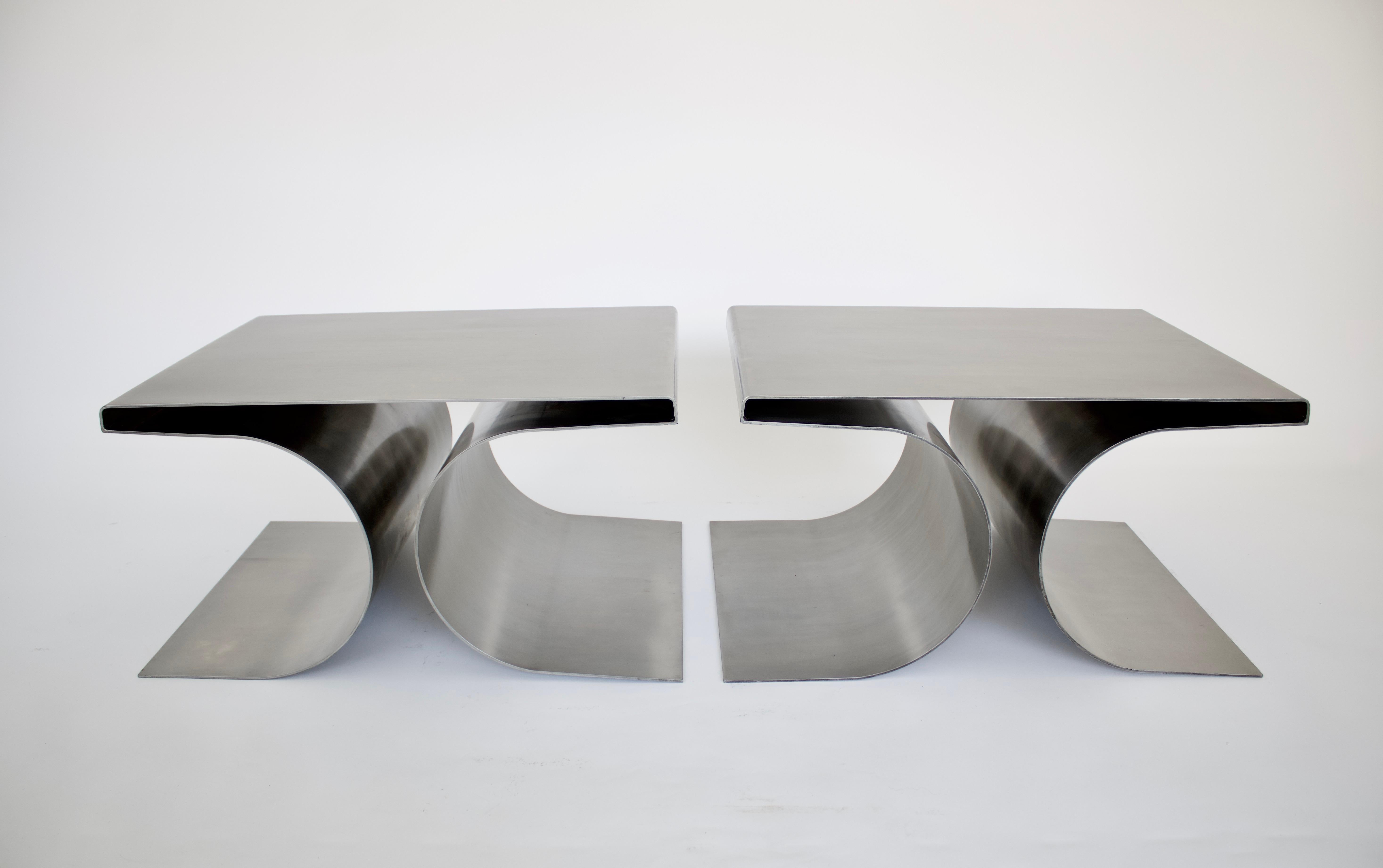 French Stainless Steel Pair Side or Coffee Tables in the Style of Michel Boyer 9