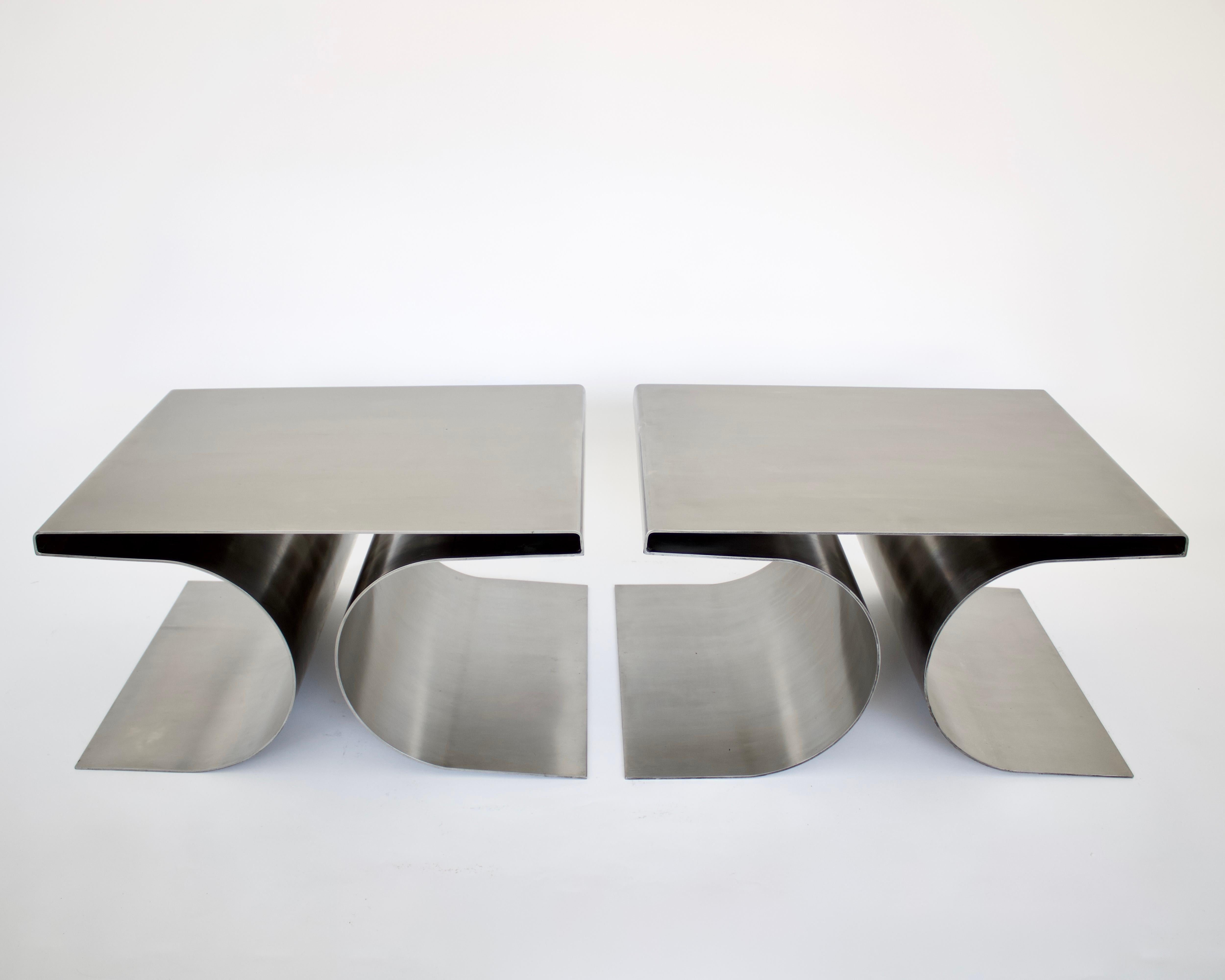 French Stainless Steel Pair Side or Coffee Tables in the Style of Michel Boyer 10
