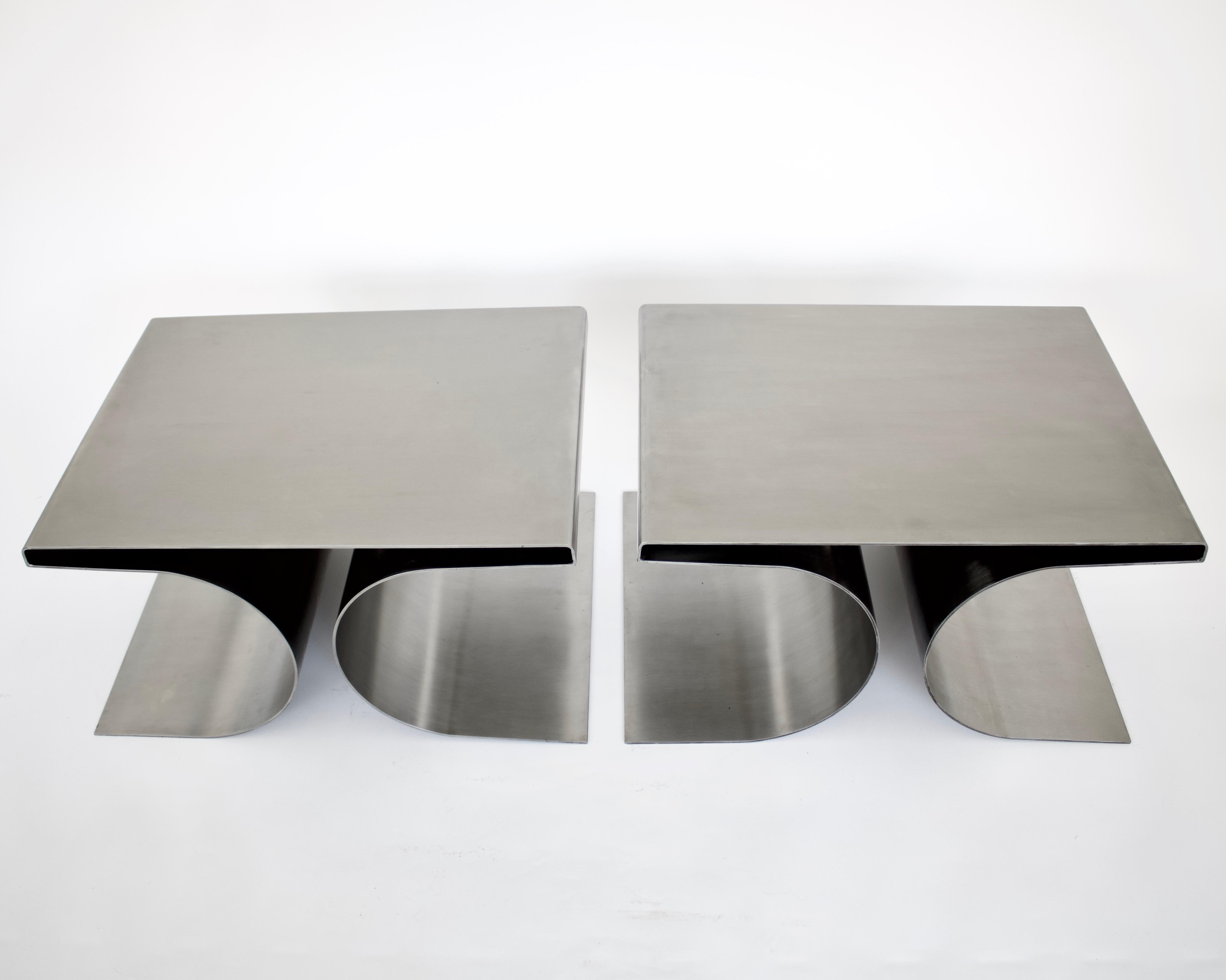 French Stainless Steel Pair Side or Coffee Tables in the Style of Michel Boyer 11