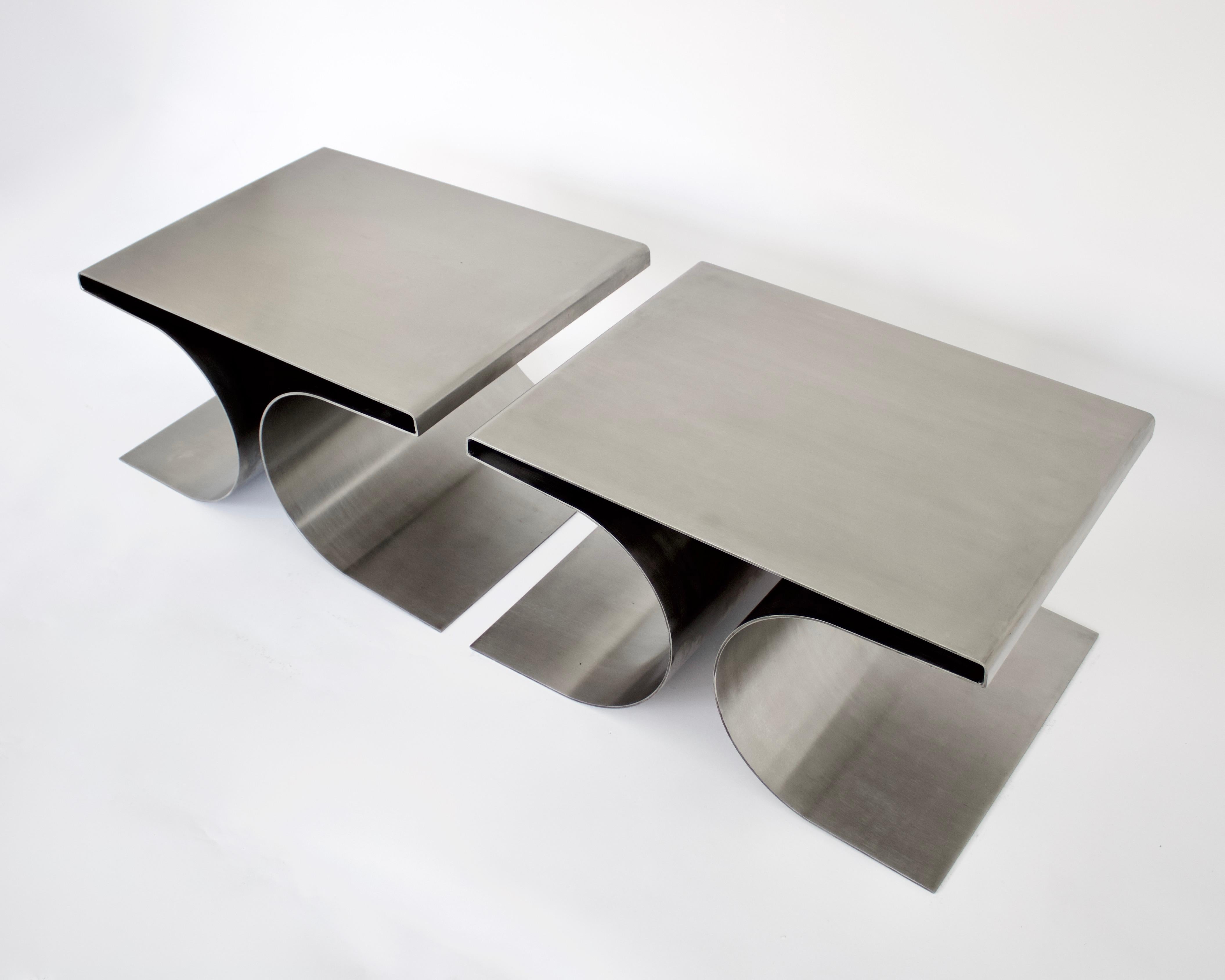 French Stainless Steel Pair Side or Coffee Tables in the Style of Michel Boyer 12