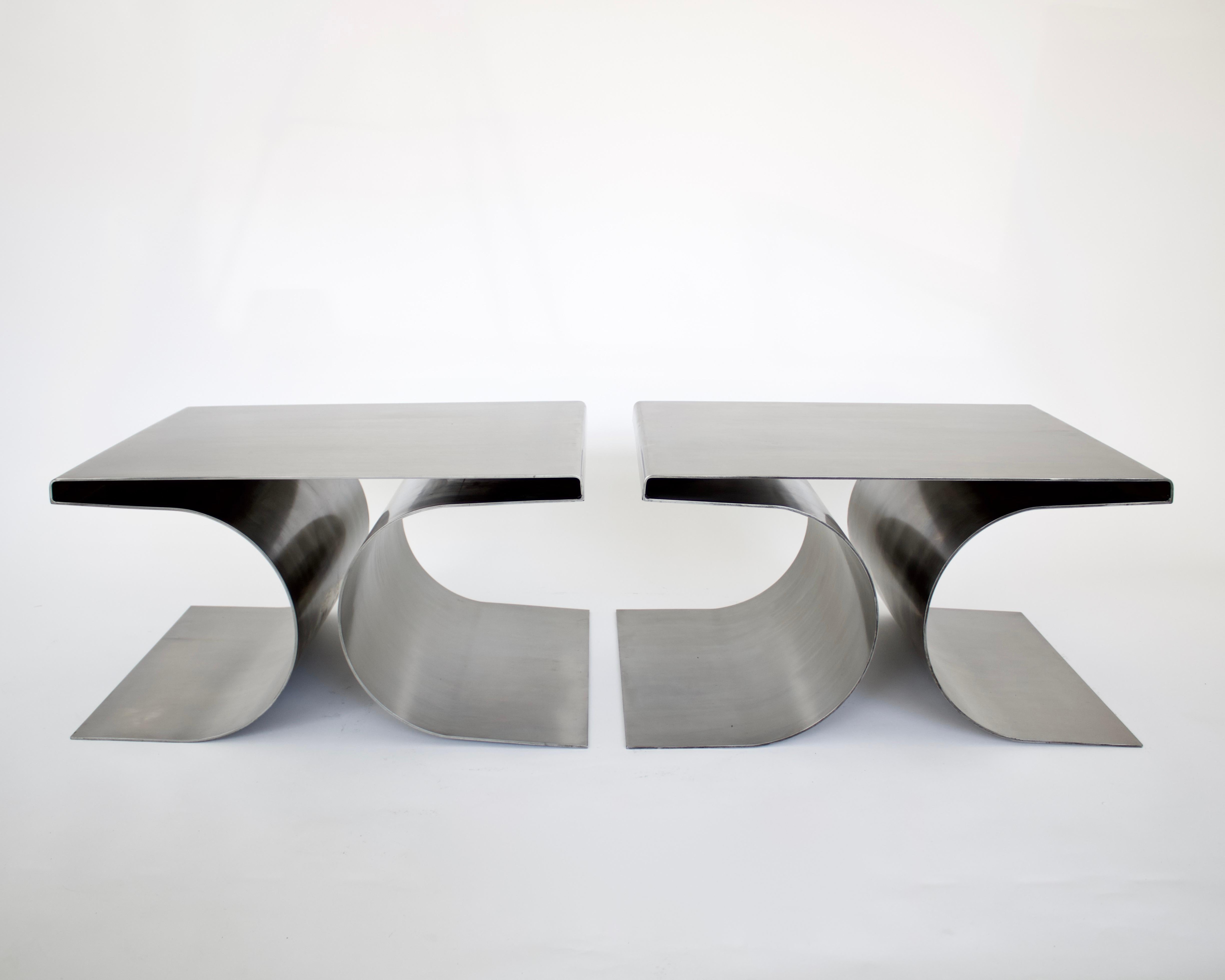 French Stainless Steel Pair Side or Coffee Tables in the Style of Michel Boyer 13