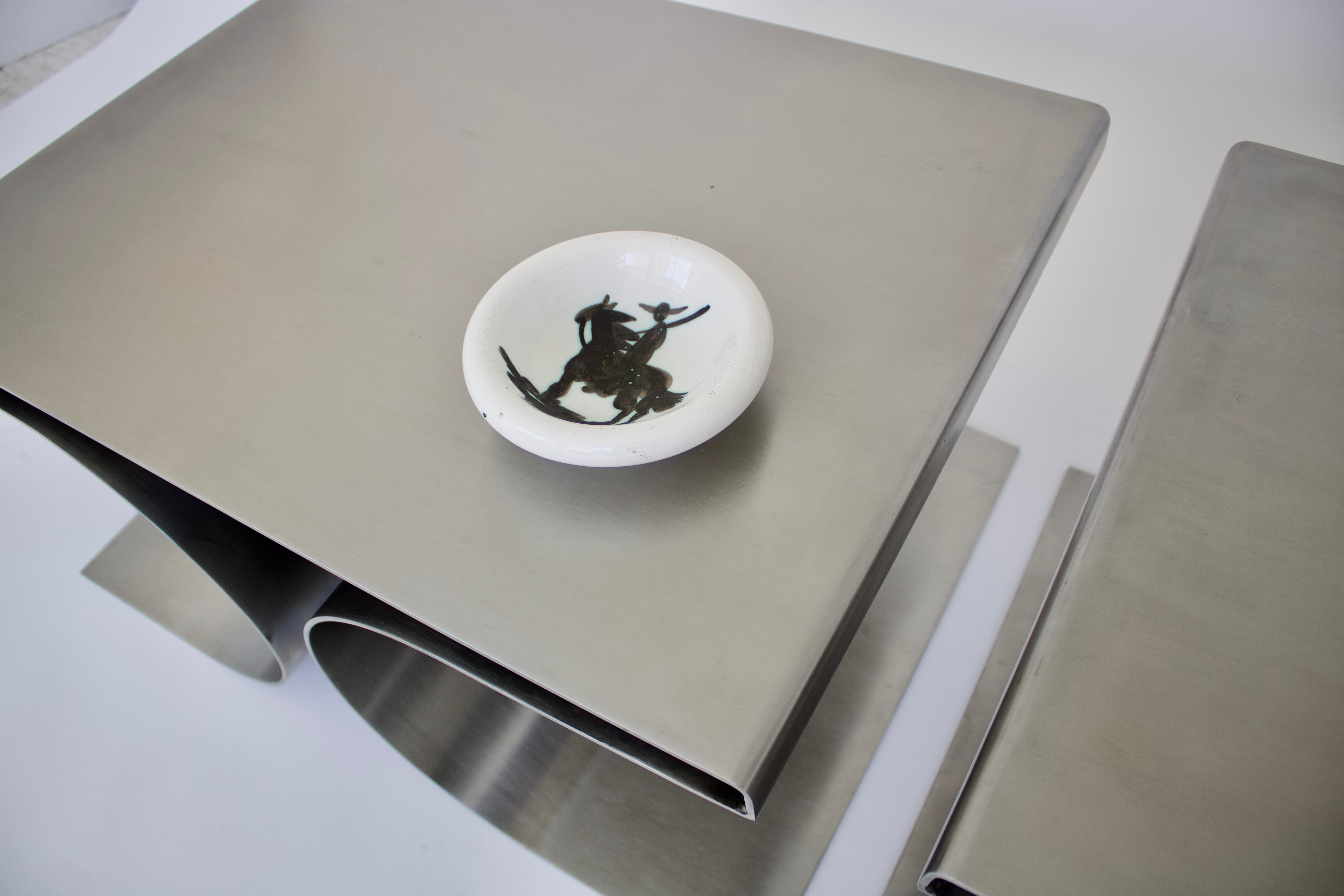 French Stainless Steel Pair Side or Coffee Tables in the Style of Michel Boyer 15