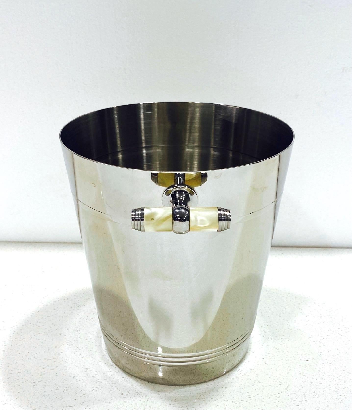 Mid-Century Modern French Stainless Steel Wine Cooler Ice Bucket with Pearlescent Handles