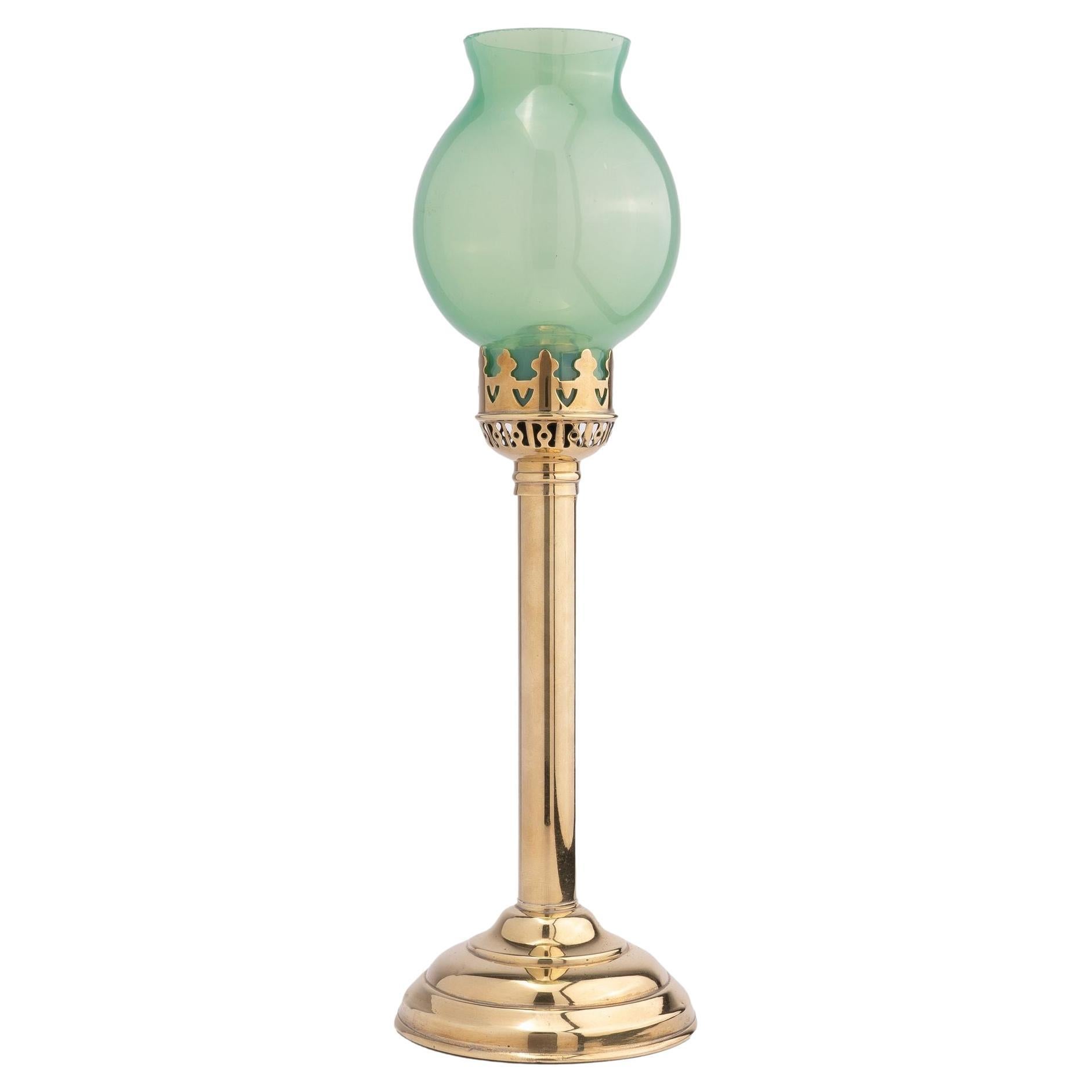 French Stamped Brass & Glass Spring Hurricane Lamp, 1875-1900 For Sale