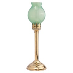 Antique French Stamped Brass & Glass Spring Hurricane Lamp, 1875-1900