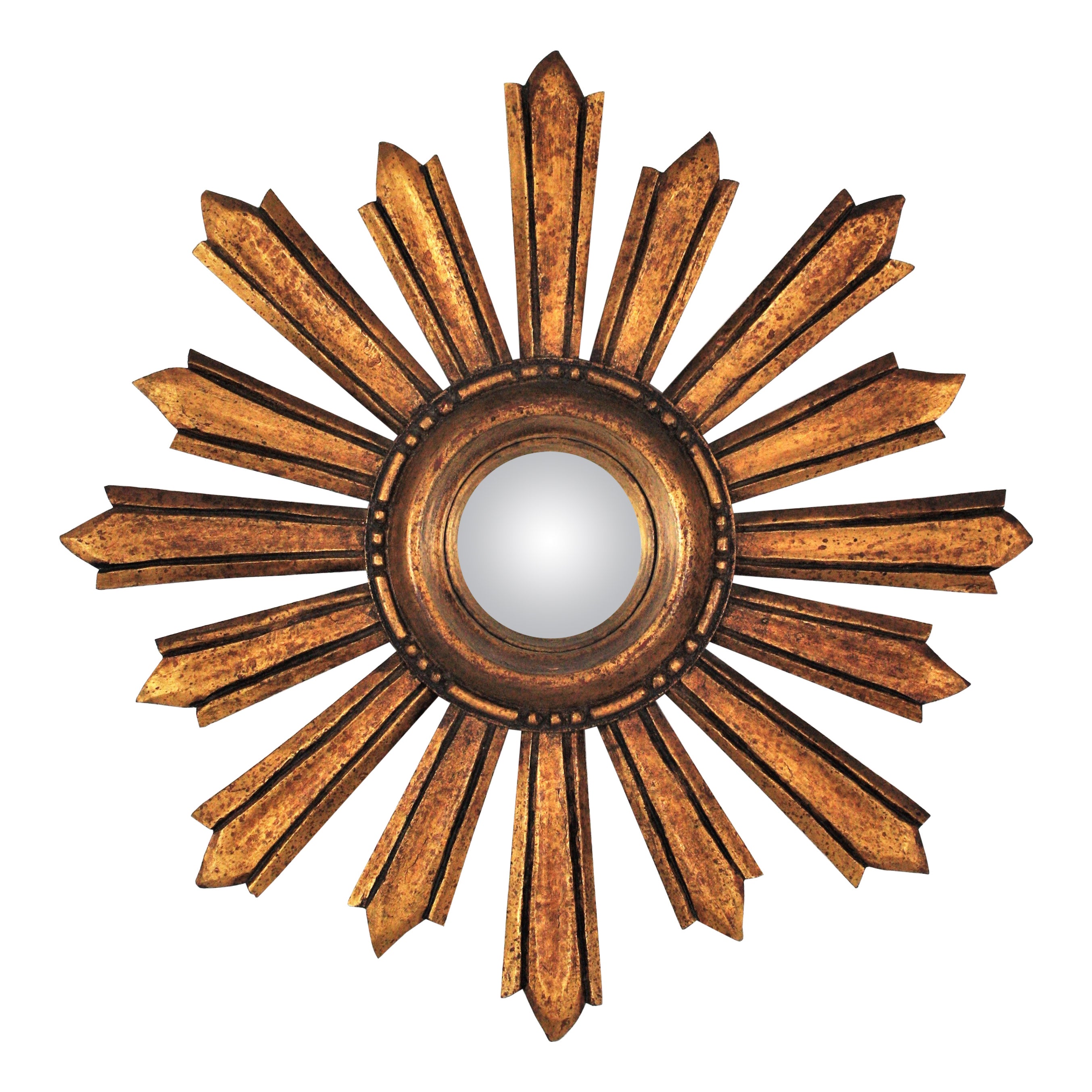 French Starburst Sunburst Convex Giltwood Mirror, 1940s