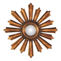 French Starburst Sunburst Convex Giltwood Mirror, 1940s