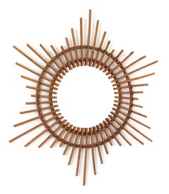 Miroir français Starburst Sunburst en rotin, années 1960