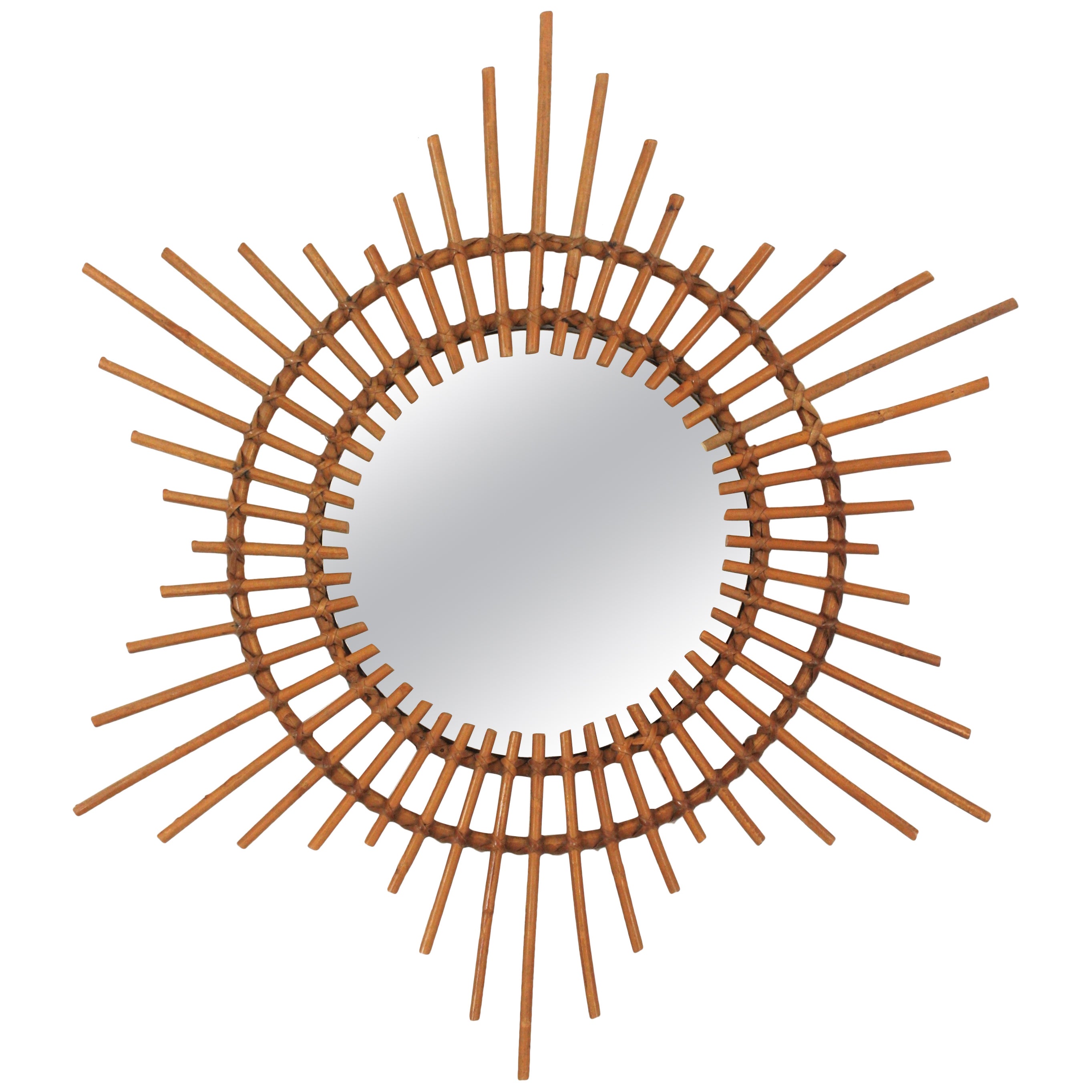 French Starburst Sunburst Mirror in Rattan, 1960s