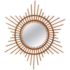 French Starburst Sunburst Mirror in Rattan, 1960s