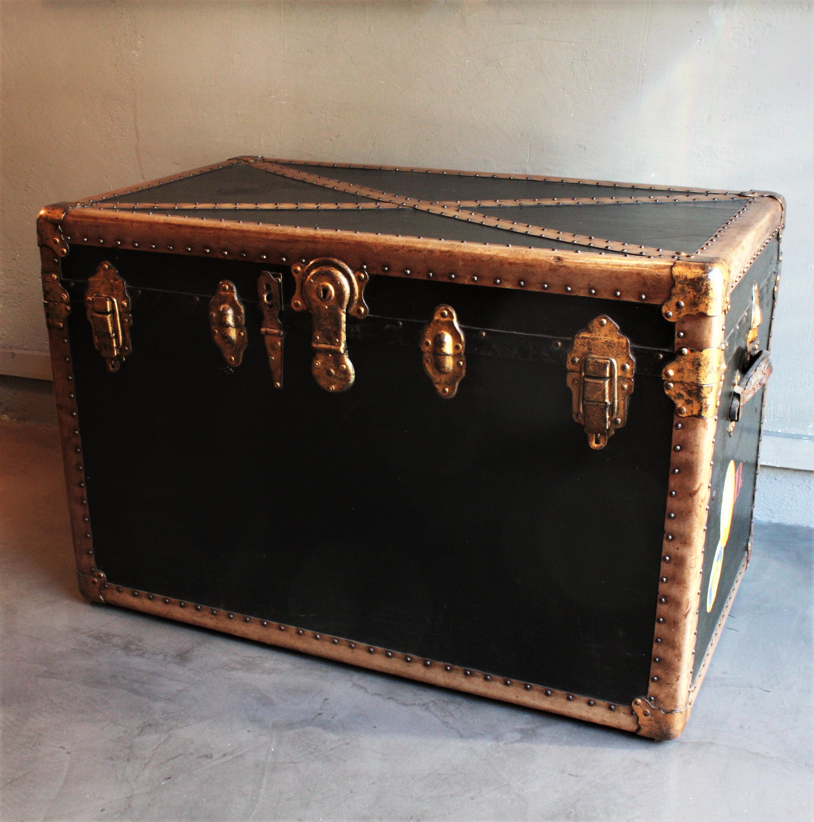 Leather French Black Steamer Trunk or Console Table
