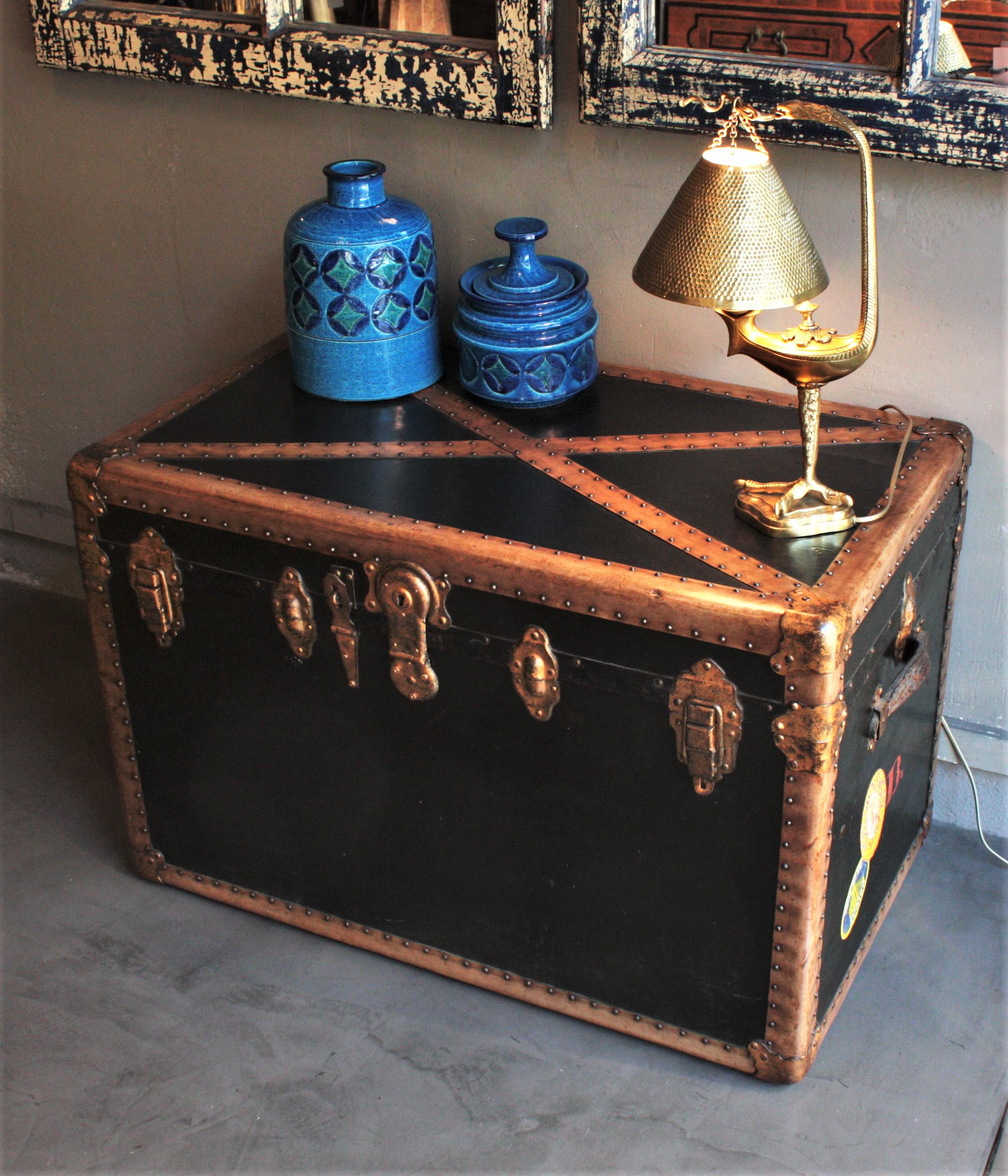 20th Century French Black Steamer Trunk or Console Table