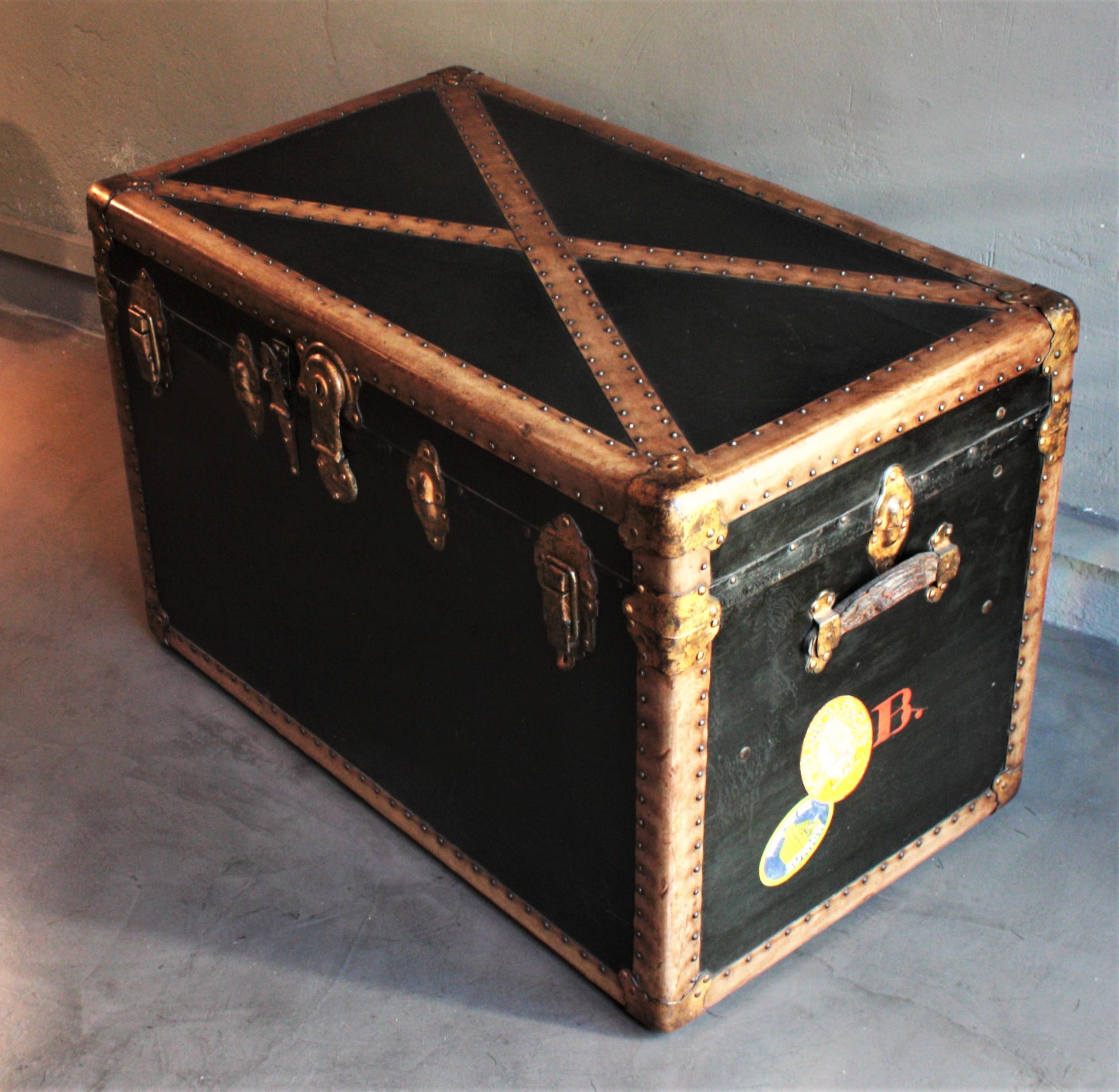 Leather French Black Steamer Trunk or Console Table