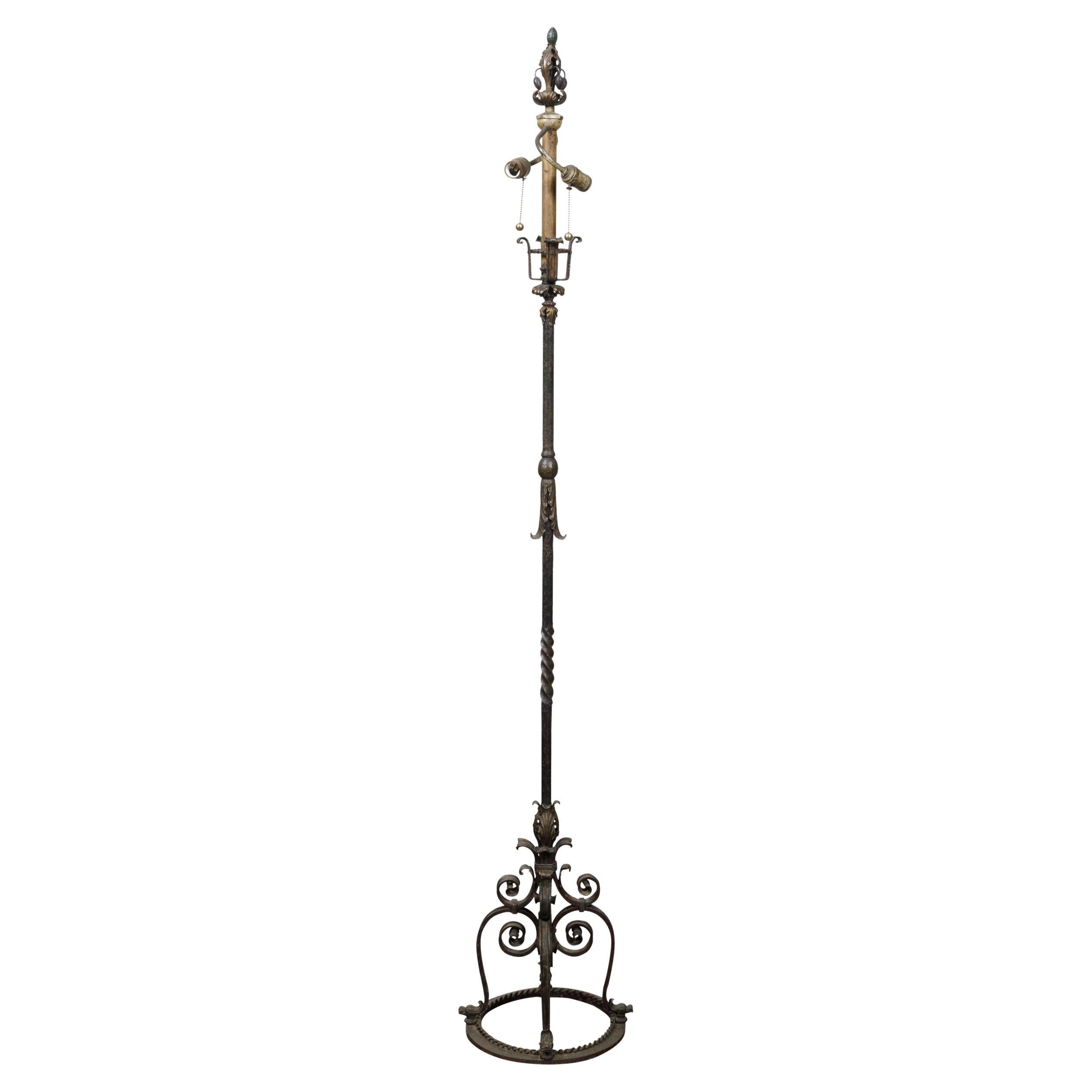 French Steel and Brass 1930s Floor Lamp with Scrolling Legs and Foliage Motifs For Sale