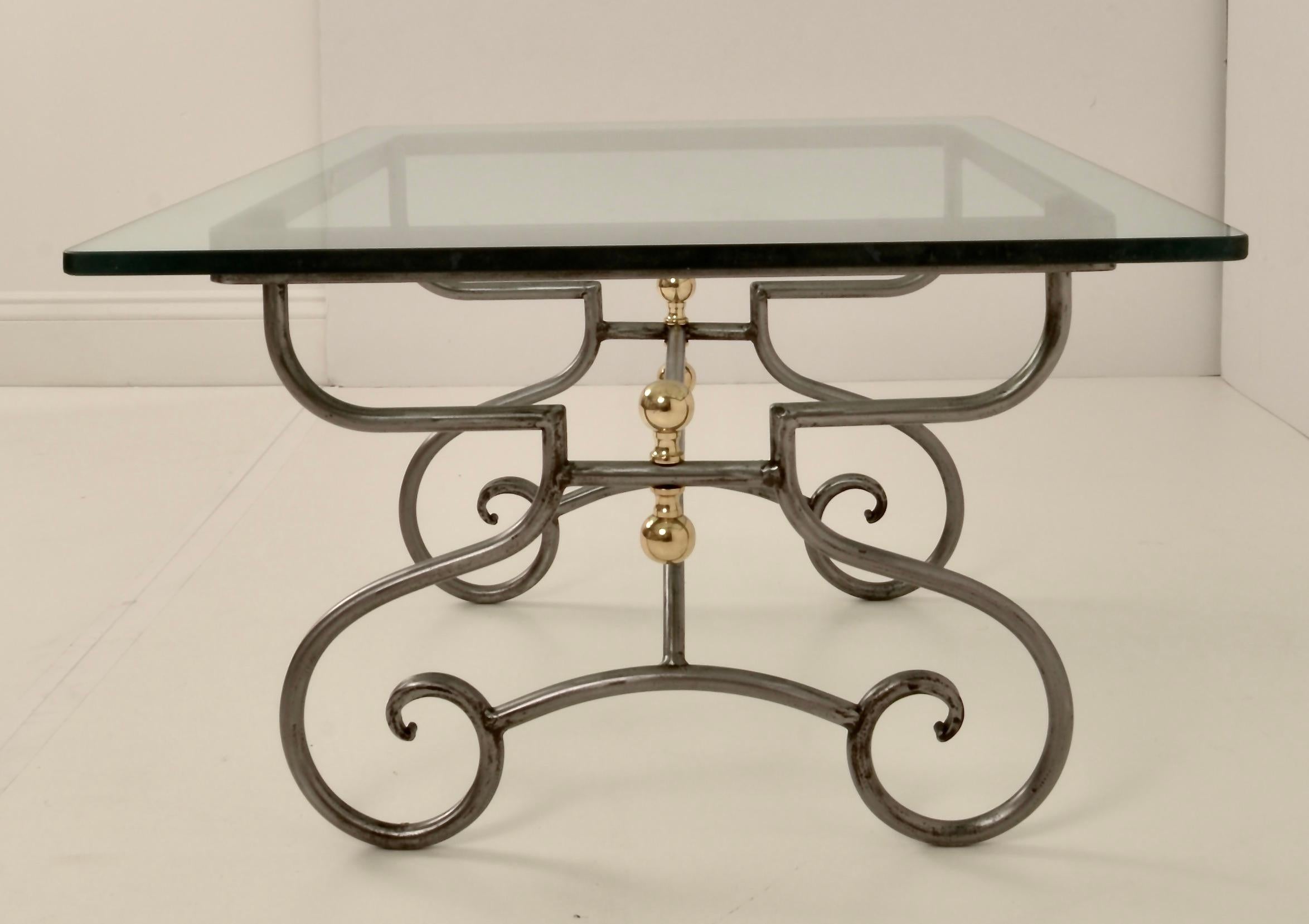 French Provincial French Steel and Brass Cocktail Table For Sale