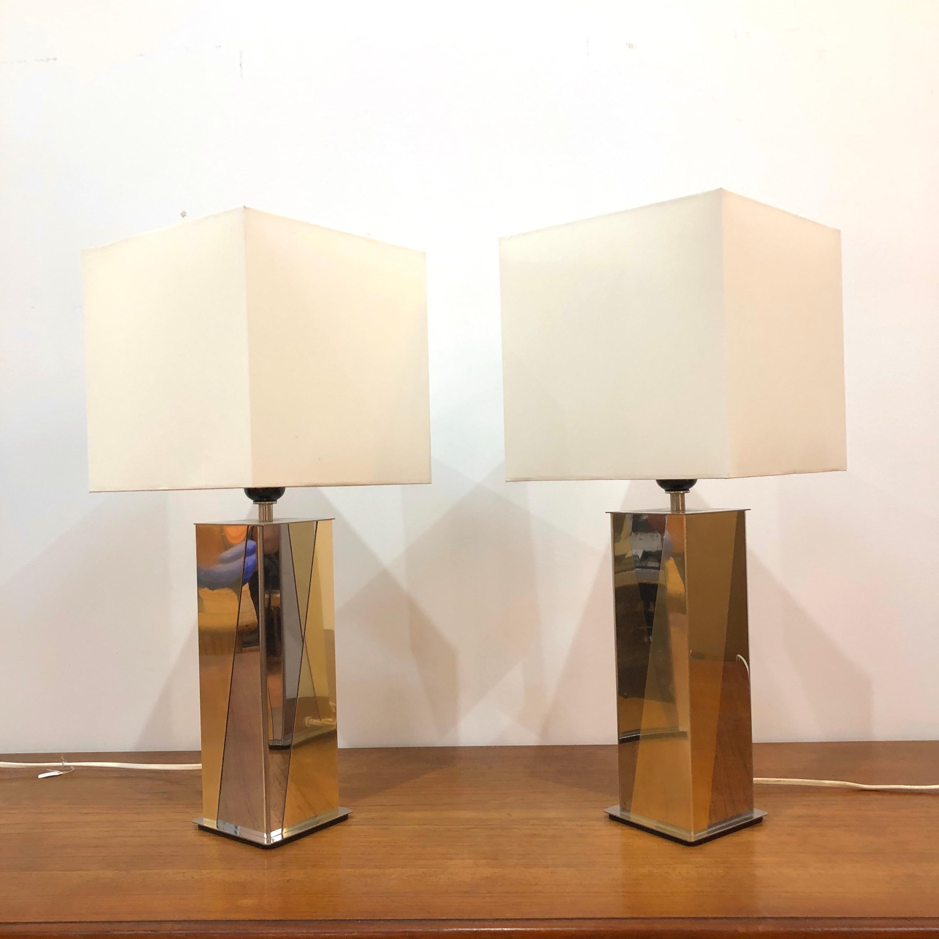 Metal French Steel and Brass Table Lamps, Set of 2 For Sale